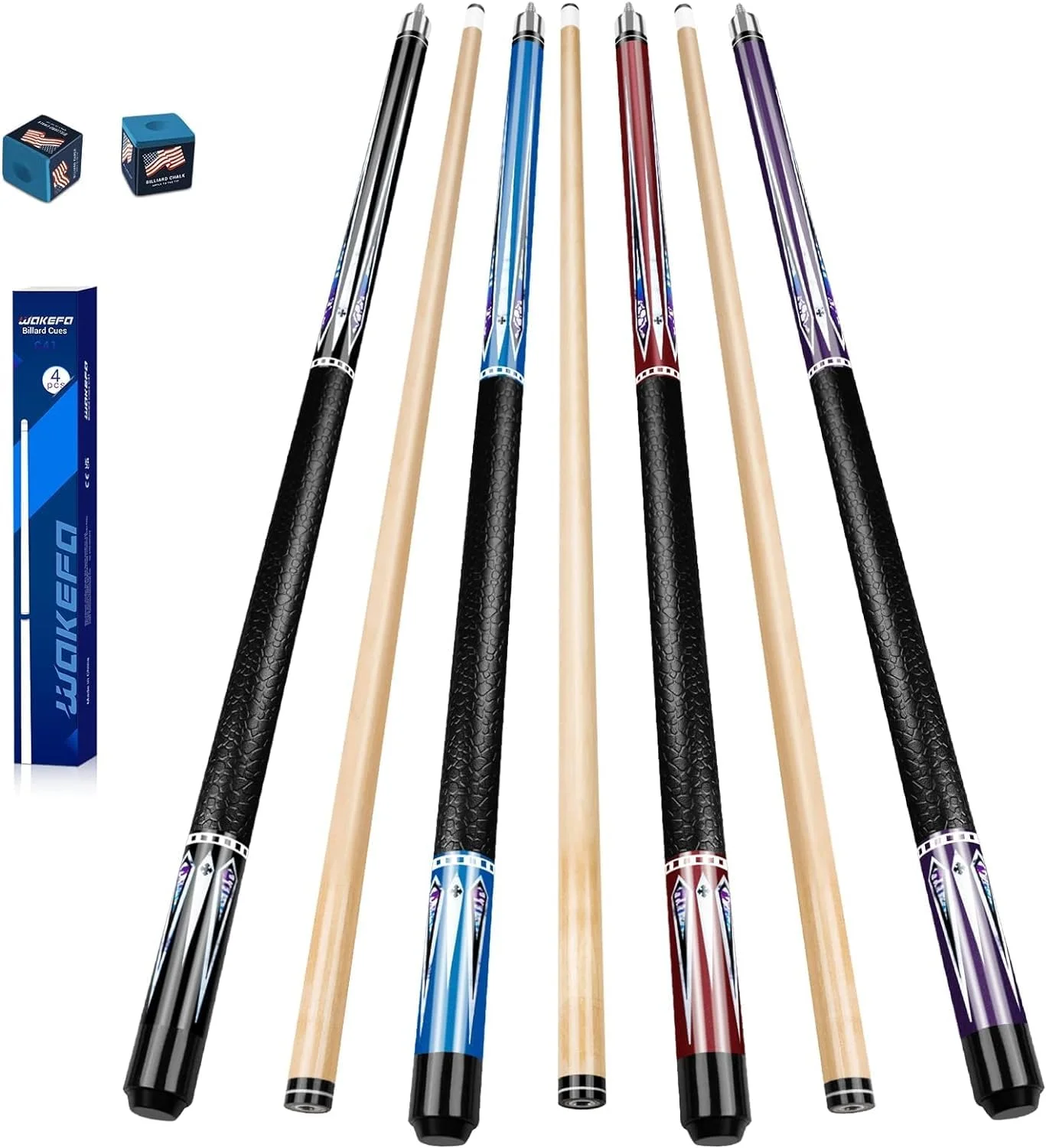Wakefa Billiard Pool Cue Stick: 58 inch Pool Sticks Set of 4, 13mm Tip Pool Cues Billiard Cue Sticks Maple Wood Pool Table Sticks for Professional Billiard Players 18 19 20 21 oz