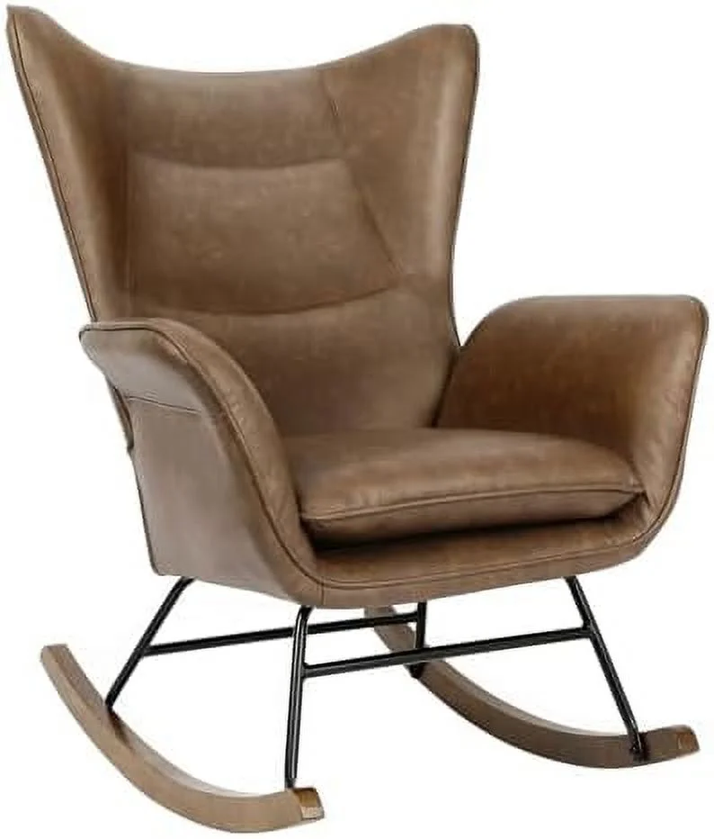 HYHBIBOOM Rocker Glider Chair  Polyester Fabric Modern Rocking Chair with Wooden Base High Backrest and Armrests Padded Seat  Comfy Upholstered Accent Chair for Living Room Bedroom Office