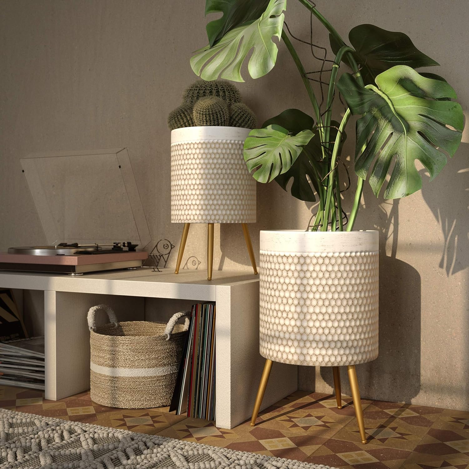 Modern Planters (Set of 2) Gold  Mid-Century Round Metal