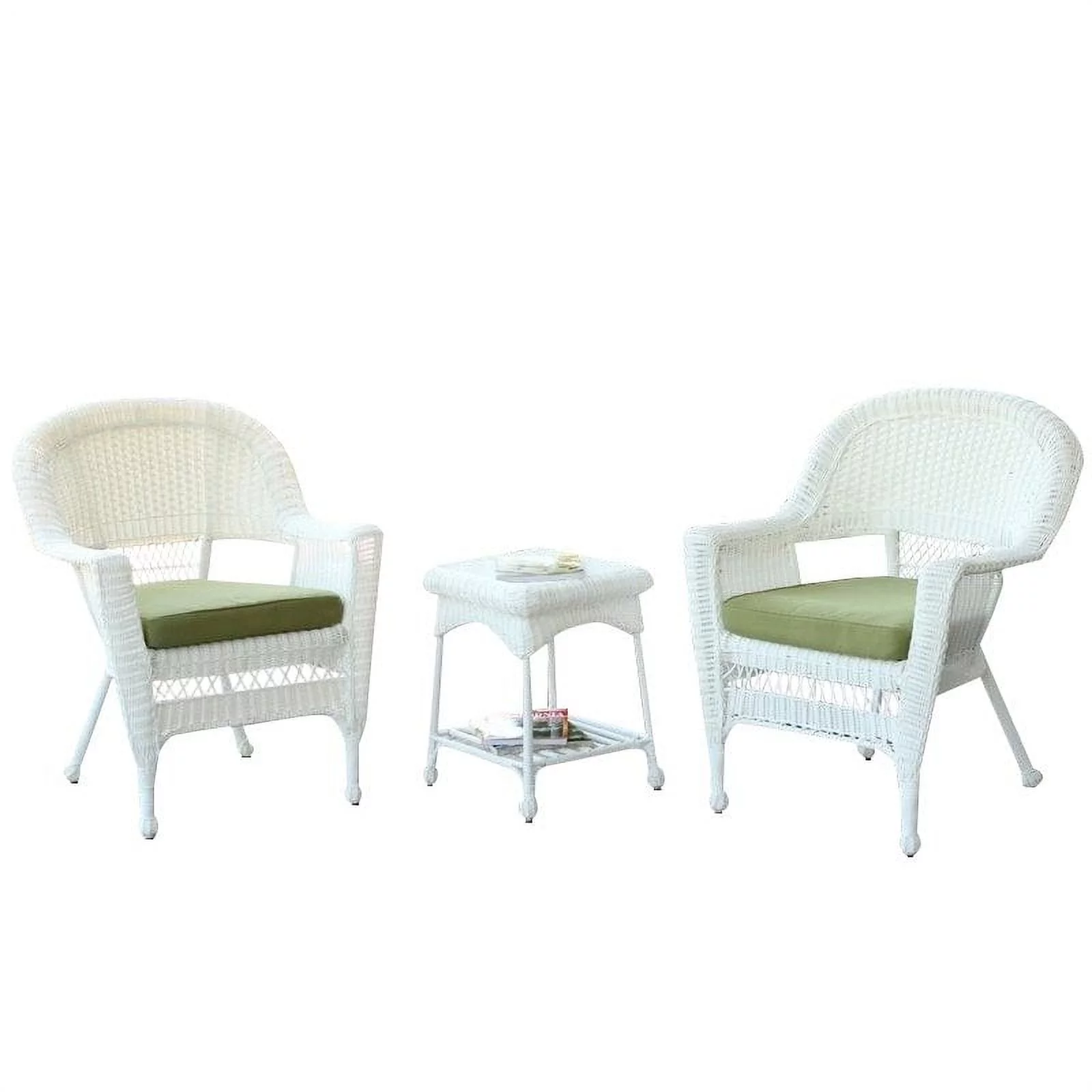 Kingfisher Lane 3 Piece Wicker Conversation Set in White with Green Cushions
