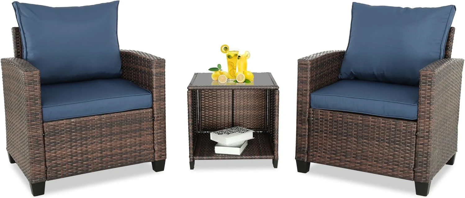 YPDCHB Patio  Set Rattan Outdoor Sectional Conversation Sets 3-Seat Outdoor Couch 2 Single Chair and 2 Ottoman for Lawn  Balcony  Garden  Backyard (Brown+Navy Blue  Set of 3)