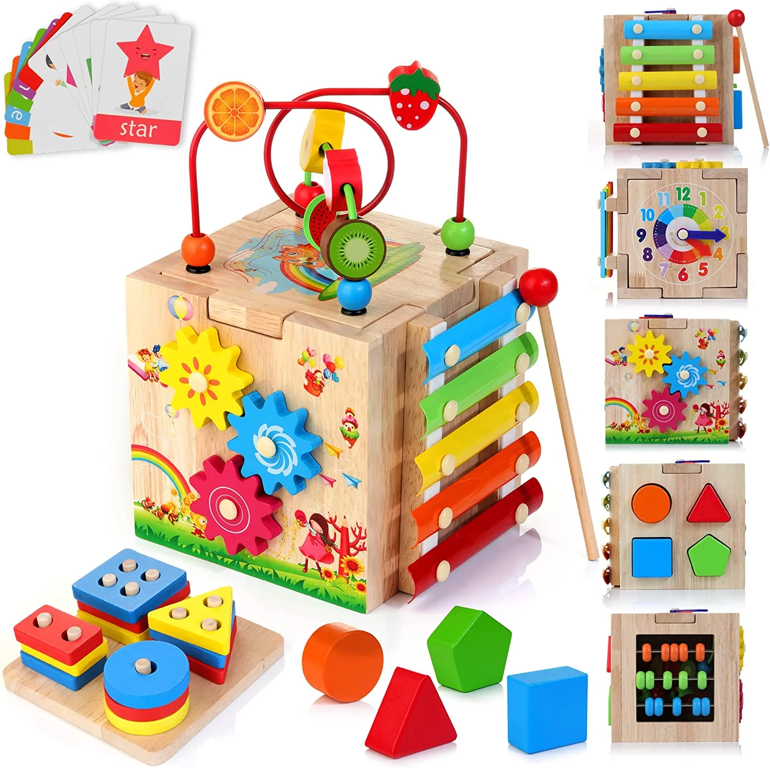 Terra Wooden Kids Baby Activity Cube, 8-in-1 Toys Gift Set for 12M+ Boys & Girls, Bonus Sorting & Stacking Board, Montessori Learning Toys for Toddlers Age 1-3,1st Birthday Gift