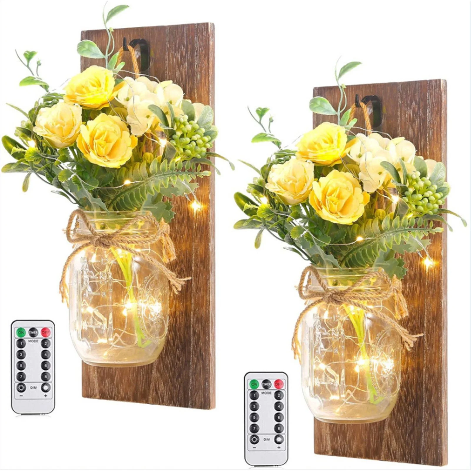 BNNG Retro Wood Mason Jar Wall Lamp Flower Peony Rose Send Remote Control Artificial Flower Wedding Arch Artificial Flower Arrangements In Vase Preserved Flower Wall Art