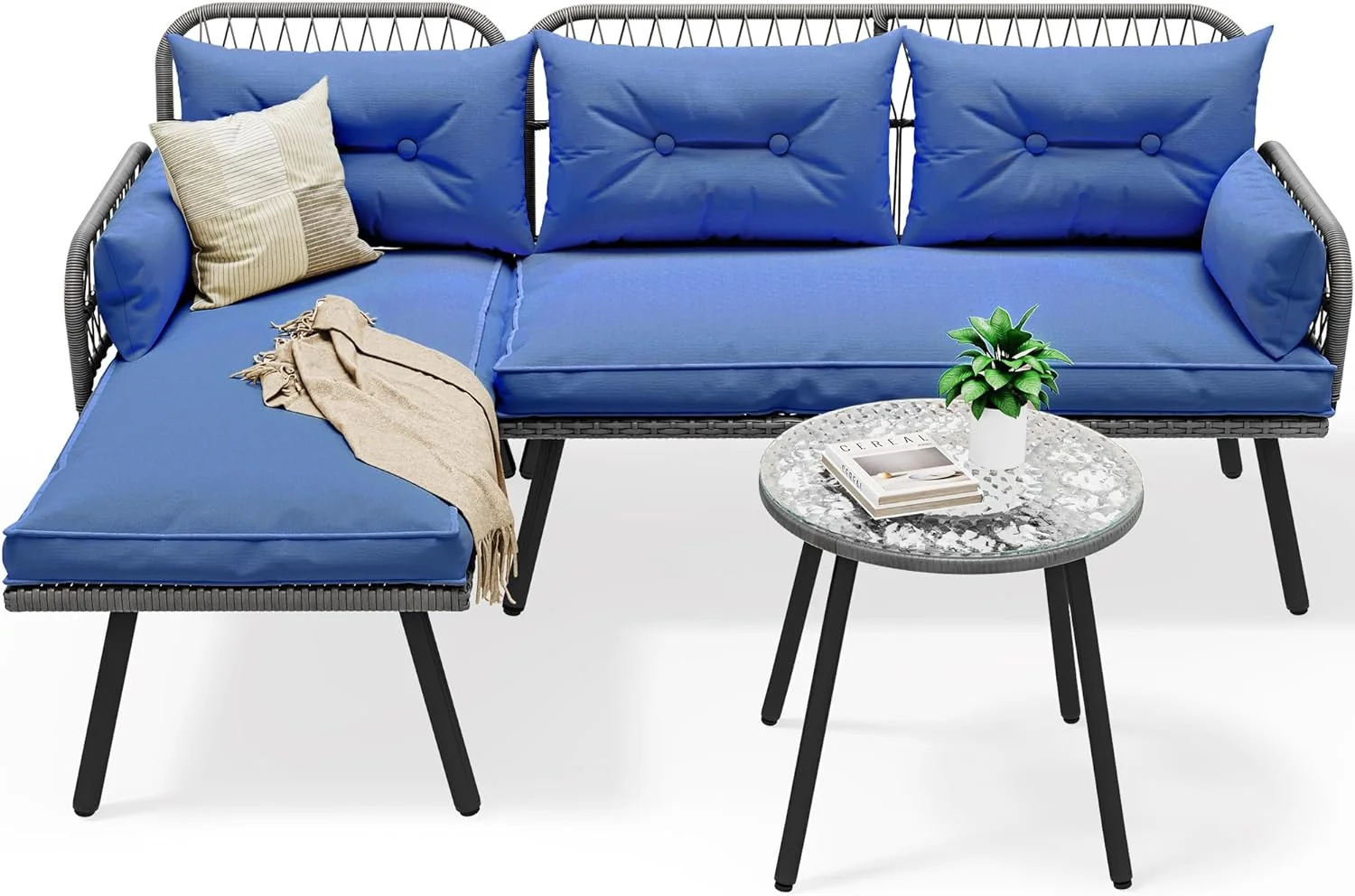 Dina Outdoor Patio Furniture L-Shaped Conversation Sectional Sofa Set for Backyard  Porch w/Thick Cushions Detachable Lounger & Side Table (Gray+Navy Blue)