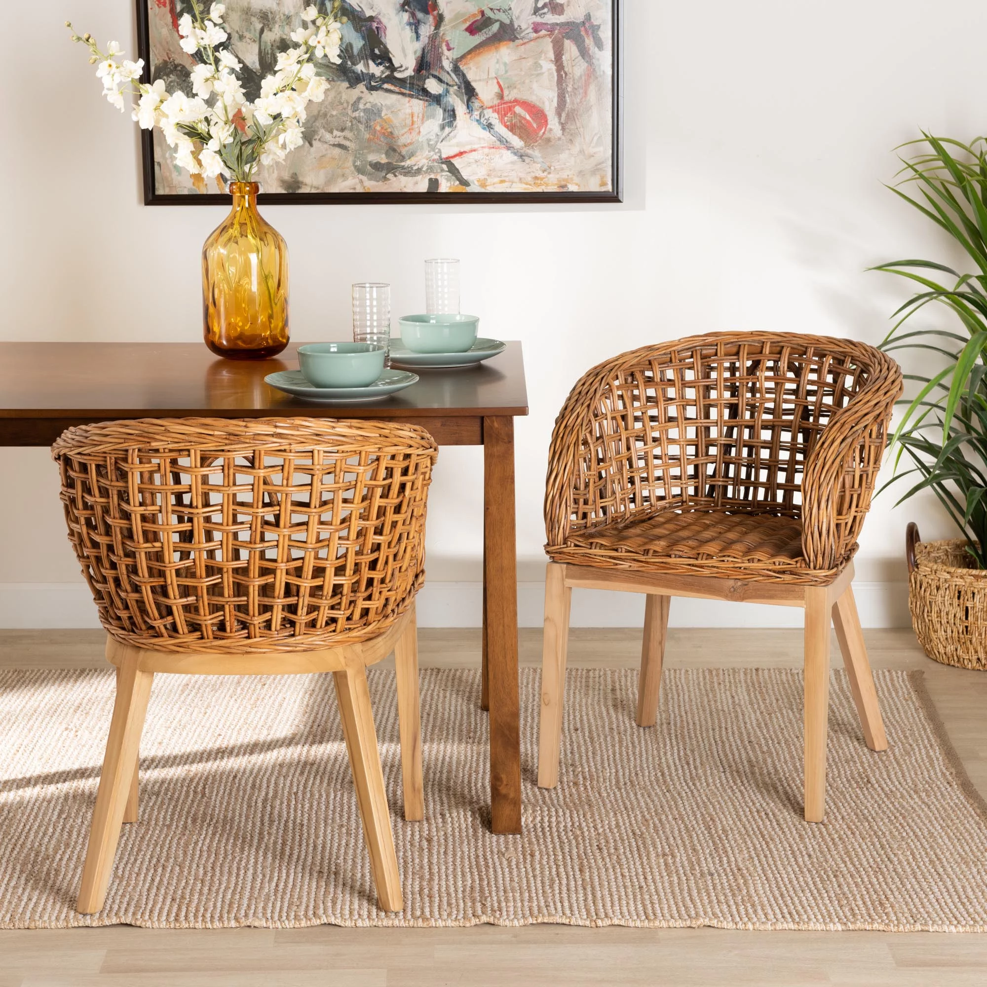 bali & pari Mario Modern BoHo Natural Brown Finished Teak Wood and Rattan 2-Piece Dining Chair Set