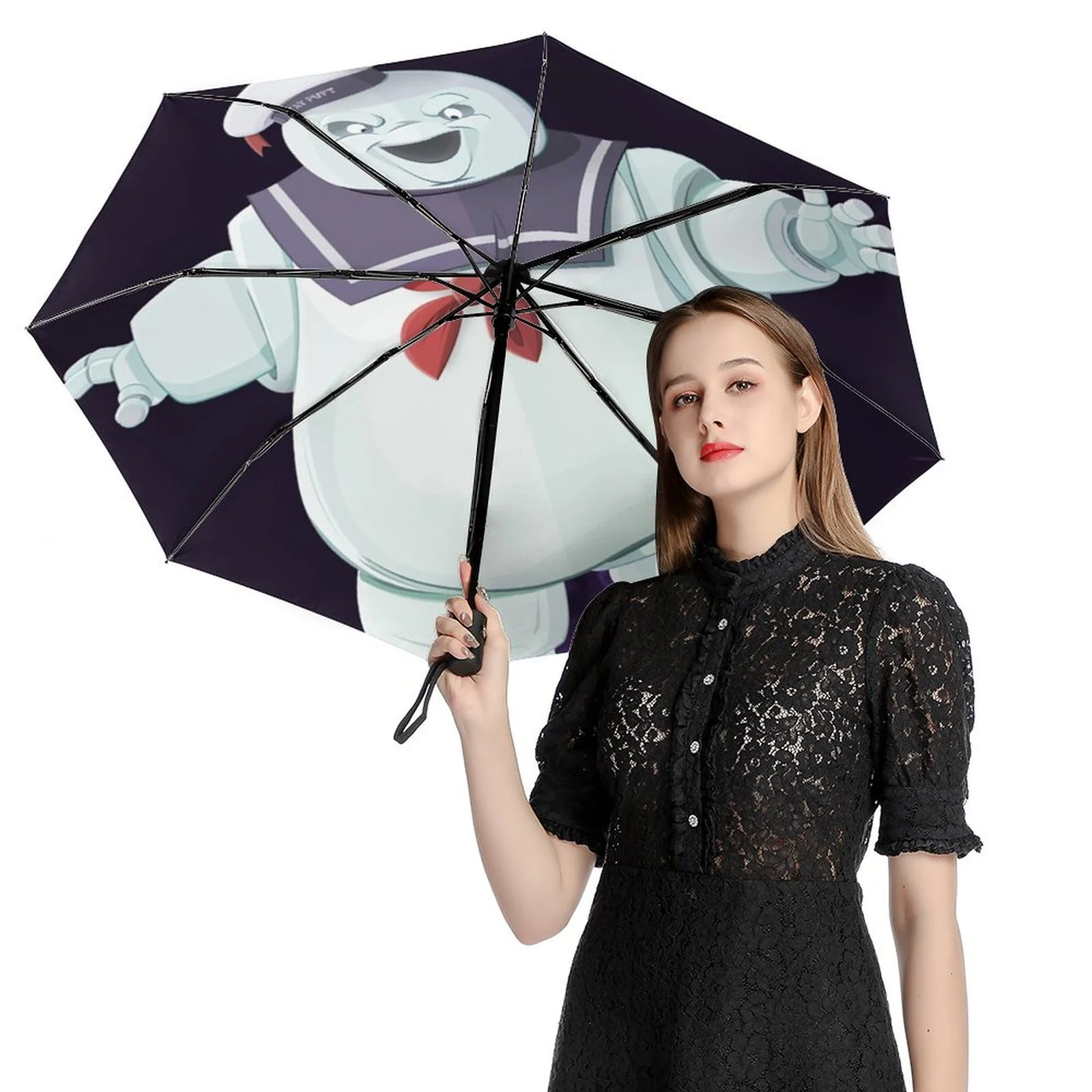 Ghostbusters Stay-Puft-Marshmallow Folding Umbrella Auto Umbrella Anti-UV Protection Lightweight Water-Resistant Portable Rain Umbrellas