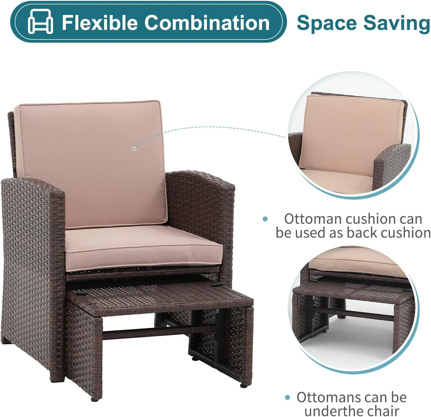 Dina 6 Piece Patio Wicker Furniture Set  Balcony All Weather Rattan Chair  with Space Saving Ottoman  Resin Nesting Coffee Table  Modern Design  Dark Grey