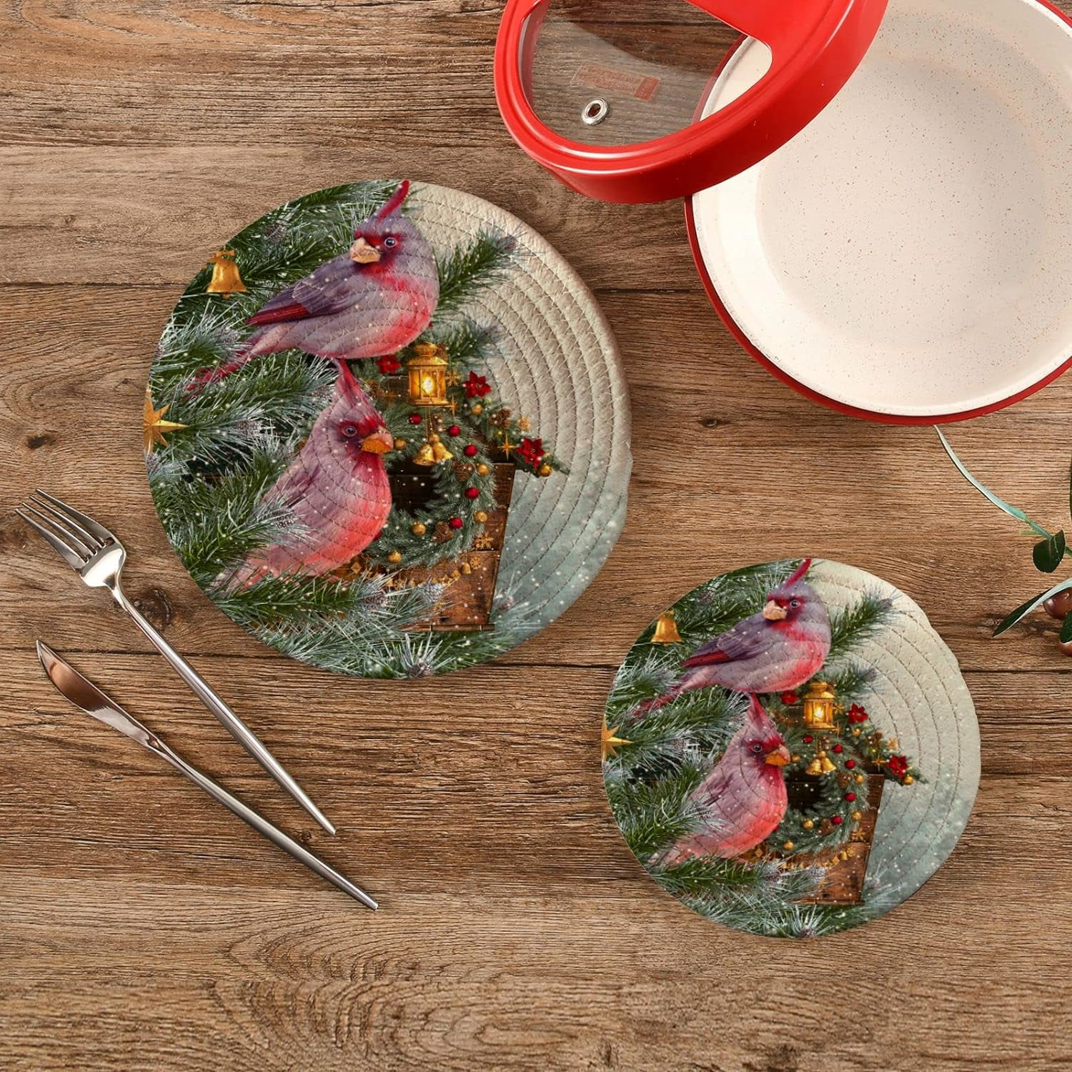 SKYSONIC 2 pcs Christmas Winter Cardinal Pot Holders Trivets, Heat Resistant Trivets,New Year Branch Spruce Cotton Thread Weave Mats for Hot Pads Pans Pot Bowl Teapot