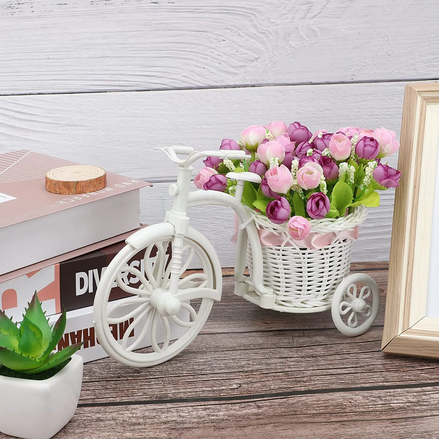 Bicycle Artificial Flower Decor Plant Stand Nostalgic Bicycle Planter Garden Decor for Home Wedding Decoration(Purple)