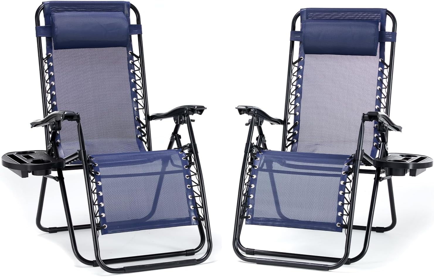 Set of 2 Zero Cravity Lounge Chairs,Ergonomic Adjustable Lying Angle Sturdy Steel& Mesh Support,Outdoor Patio Folding Recliners for Pool Beach with Pillow and Cup Holder, Blue