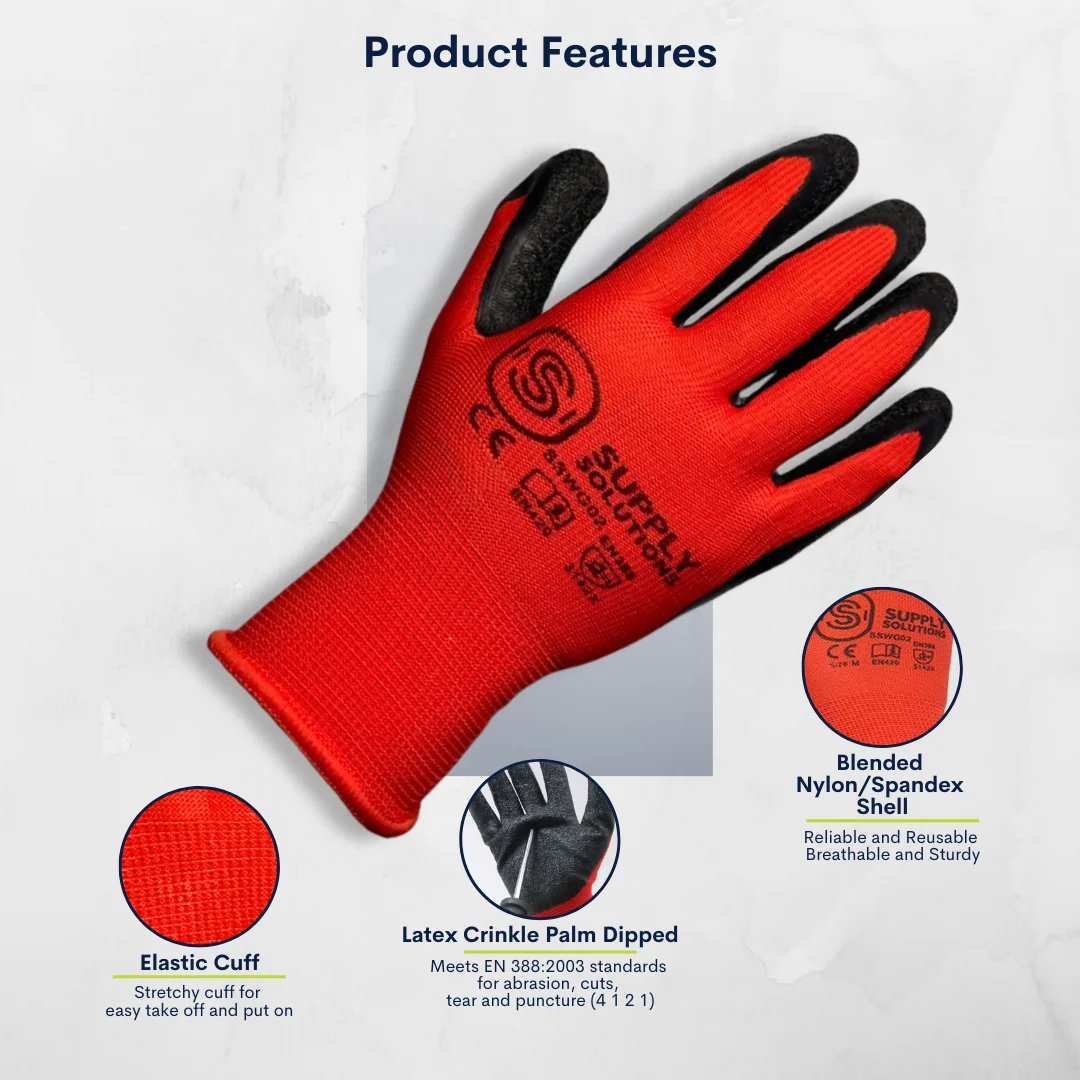 Supply Solutions 13 Gauge Polyester Shell with Latex Crinkle Palm Dipped Safety Work Gloves for Landscaping, Construction, Gardening (Medium)