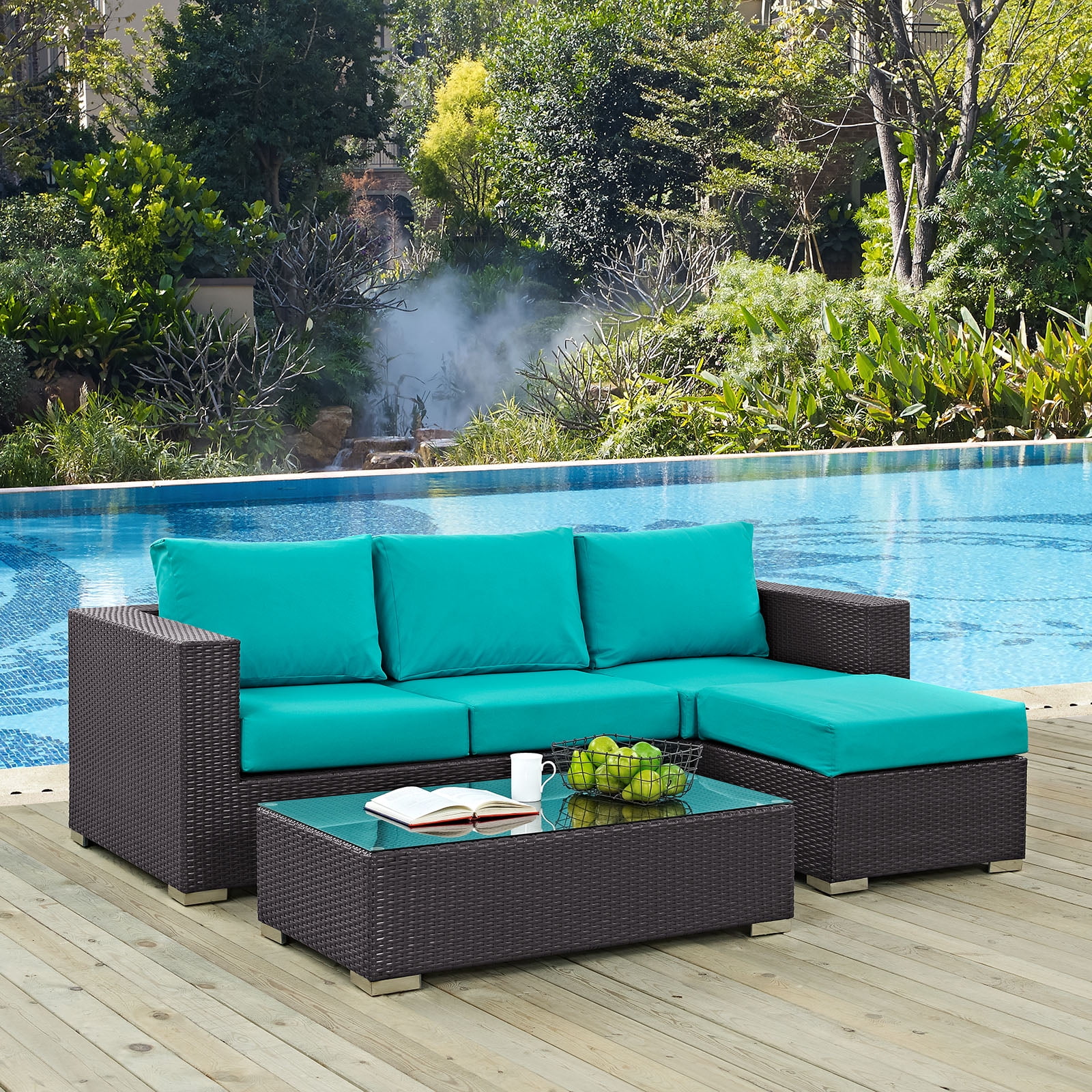 Modern Contemporary Urban Design Outdoor Patio Balcony Three PCS Sofa Set, Blue, Rattan