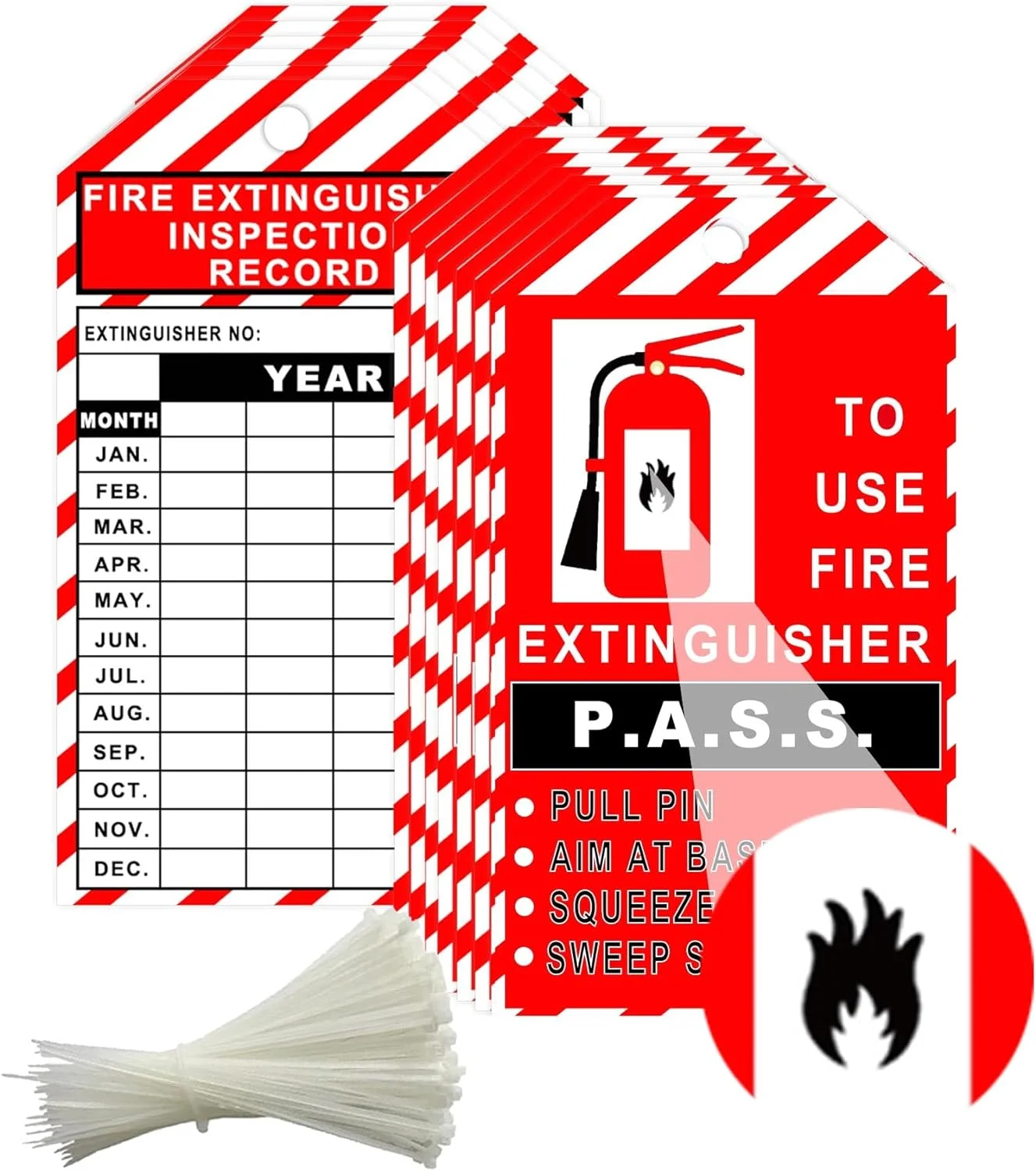 25Pcs Monthly Fire Extinguisher Inspection Tags with Adjustable Wire Ties 3.25x5.75inch Extinguisher Recharge and Inspection Record Tags