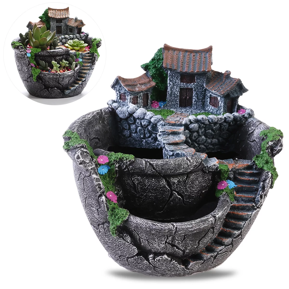 Gongxipen BESTOYARD Micro Landscape Artificial Flowers Succulent Plants Pot Tiny Creative Flower Pot Holders Hanging Garden Design with Sweet House (Silver)