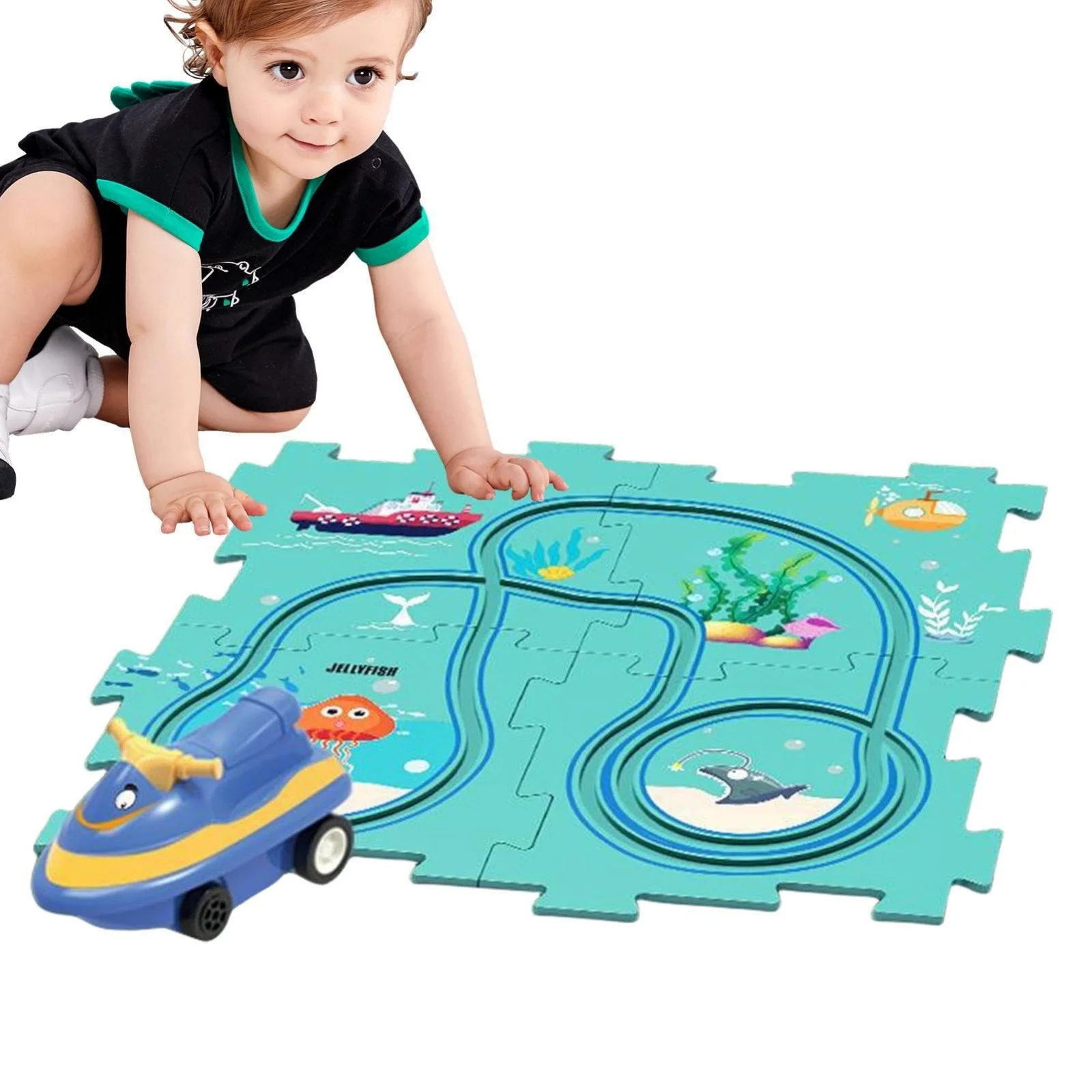 pdqouc Racing Tracks Toys for Boys Car Track Puzzle Play Set Race Vehicle Puzzle Board DIY Assembling Electric Trolley Montessori Toys for Kids