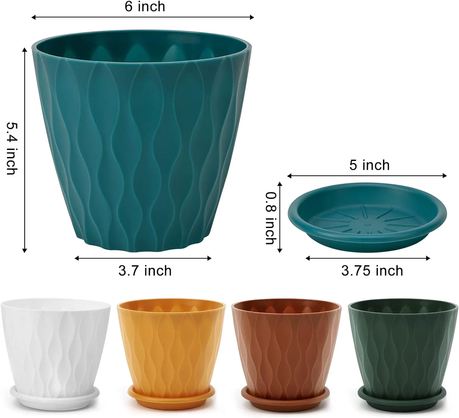 Nvzi-a 6 inch Plant Pots, 5 Pack Flower Pots Outdoor Indoor, Planters with Drainage Hole and Tray Saucer 5 colors