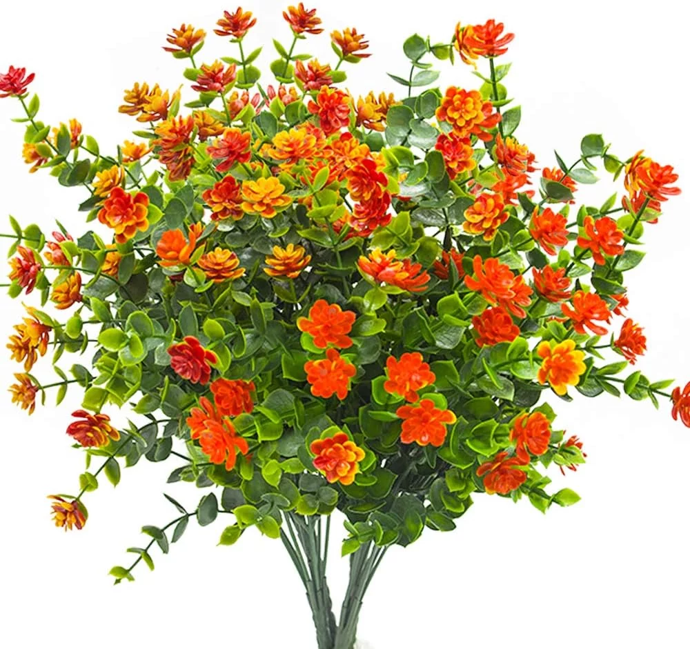 8 Bunches Artificial Flowers Outdoor UV Resistant Outdoors Fake Flowers Plants Faux Plastic Flower for Hanging Planters Garden Porch Home Window Box Decoration (Orange-Eucalyptus)