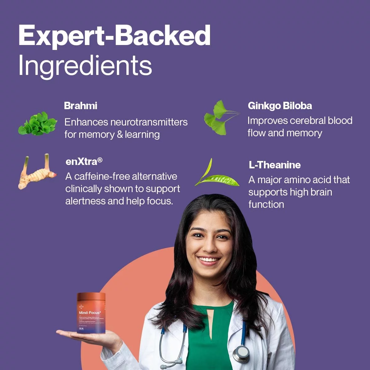 Setu Mind Focus Capsules - 30 Caps (Pack Of 1) L-Theanine, Brahmi & Ginkgo Biloba, Brain Booster - Helps Improve Focus, Alertness