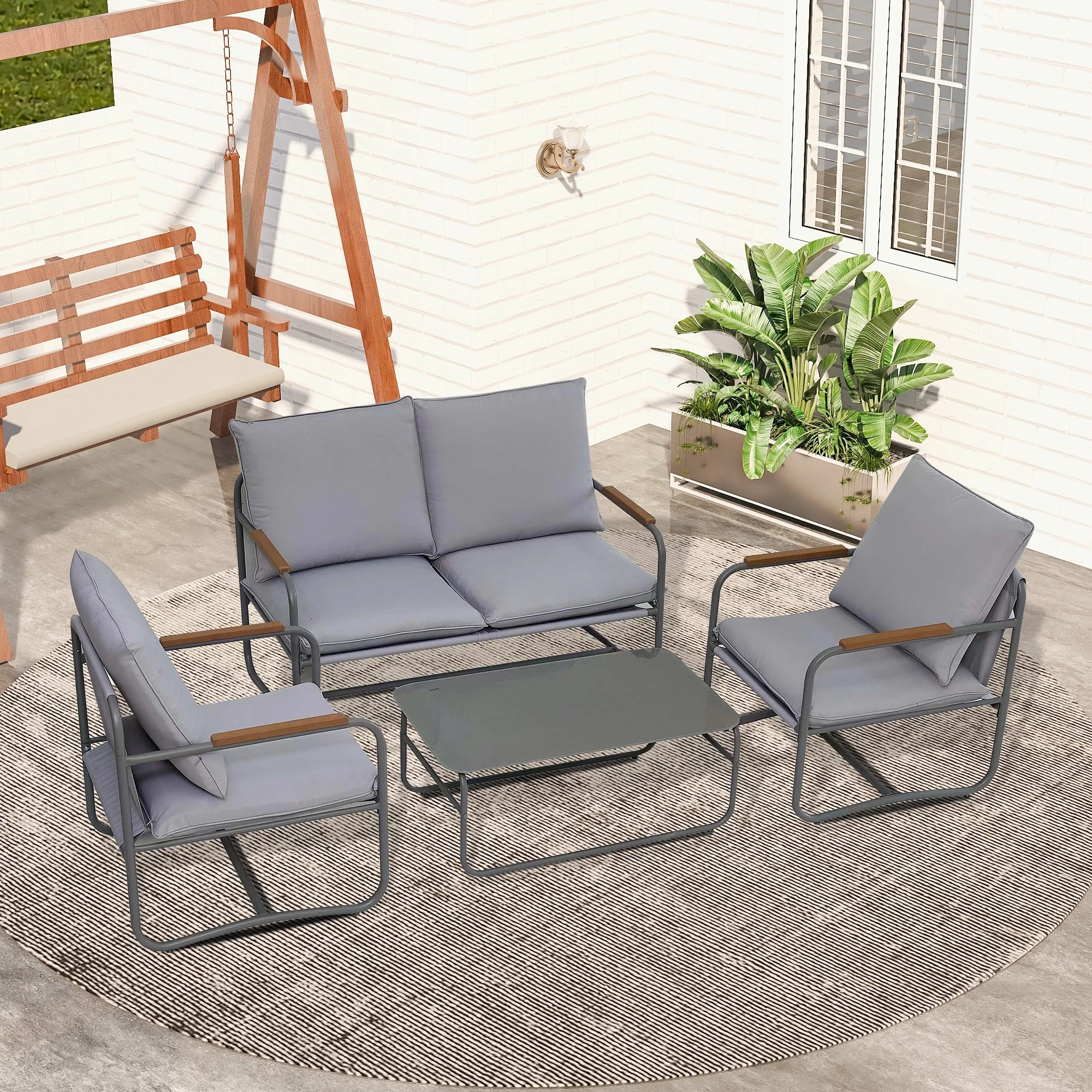 4-Piece Outdoor Patio Furniture Sets, Patio Conversation Set with Removable Seating Cushion, Courtyard Outdoor Table and Chairs for Home, Yard, Poolside
