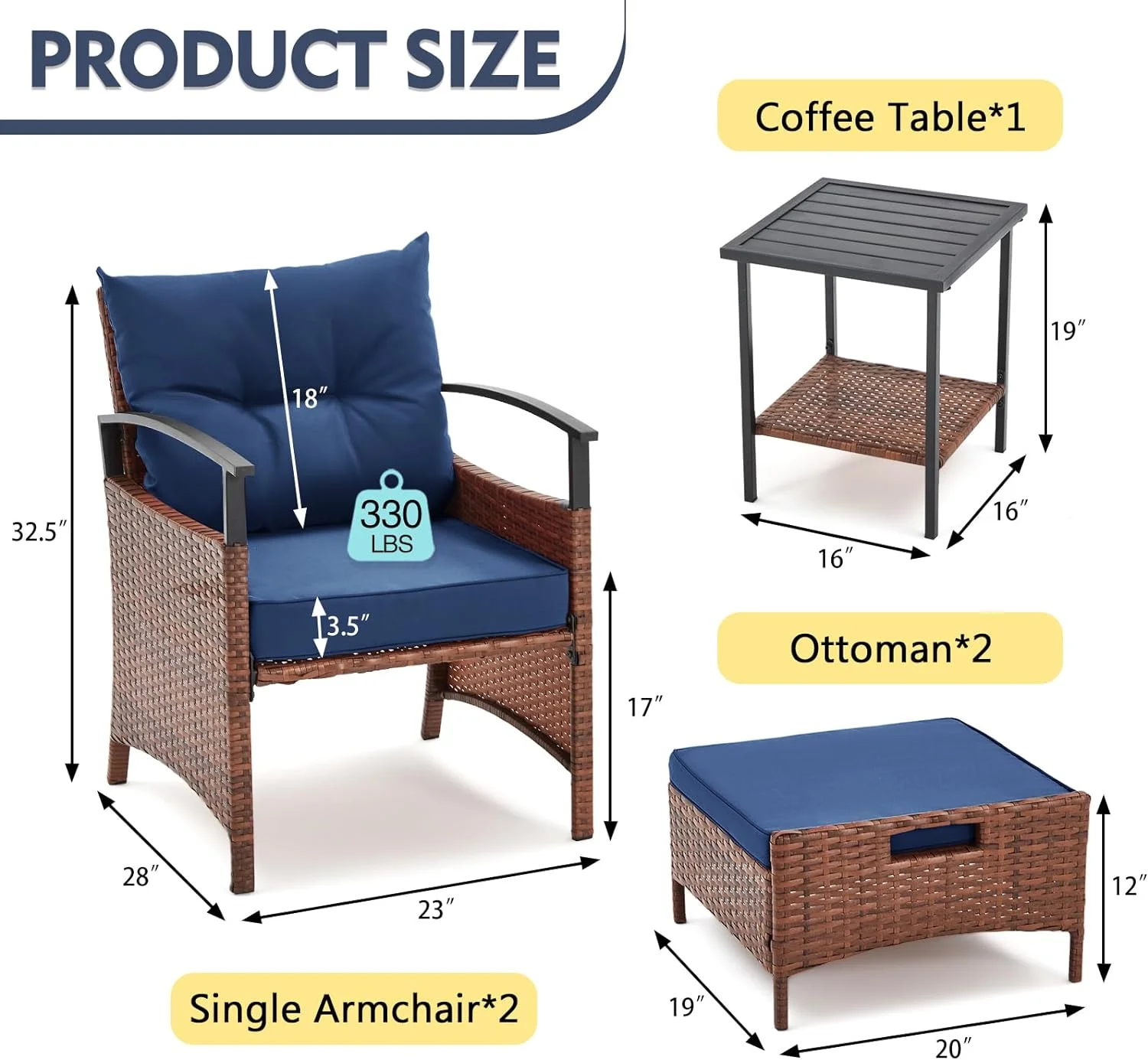 5 Pieces Patio Furniture Set, Outdoor Rattan Chairs with Metal Coffee Table, Ottomans & Soft Cushions, Wicker Conversation Bistro Set for Garden, Deck, Balcony, Poolside(Beige)