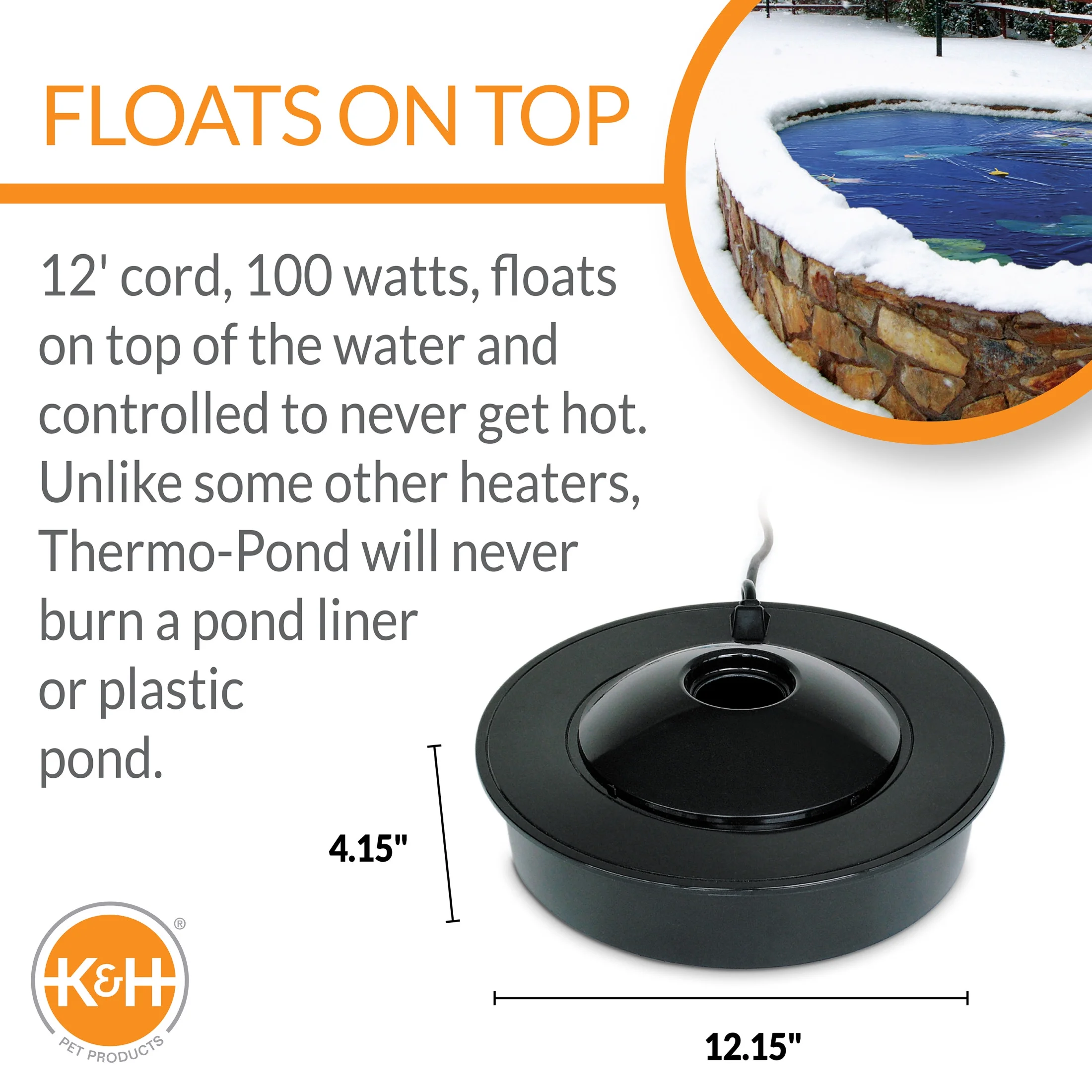 K&H Thermo-Pond 3.0 Floating Pond De-Icer, Black, 100W