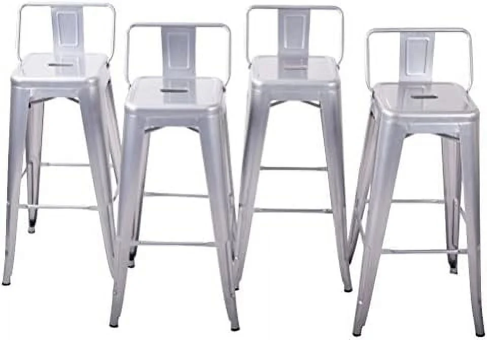 TJCGDTY 24 Inch Modern Metal  Stools  Low Back Indoor Outdoor Restaurant Patio Kitchen Dining  Contemporary Farmhouse Vintage Industrial Steel Metal [Set of 4] - Alexander (Silver)