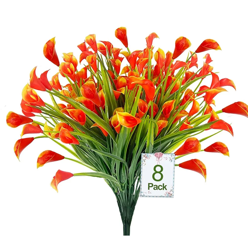 Morttic 8 Bundles Artificial Calla Lily Flowers,Outdoor Fake Flowers No Fade UV-Resistant Faux Plastic Flower Garden Porch Window Box Decor Orange Red