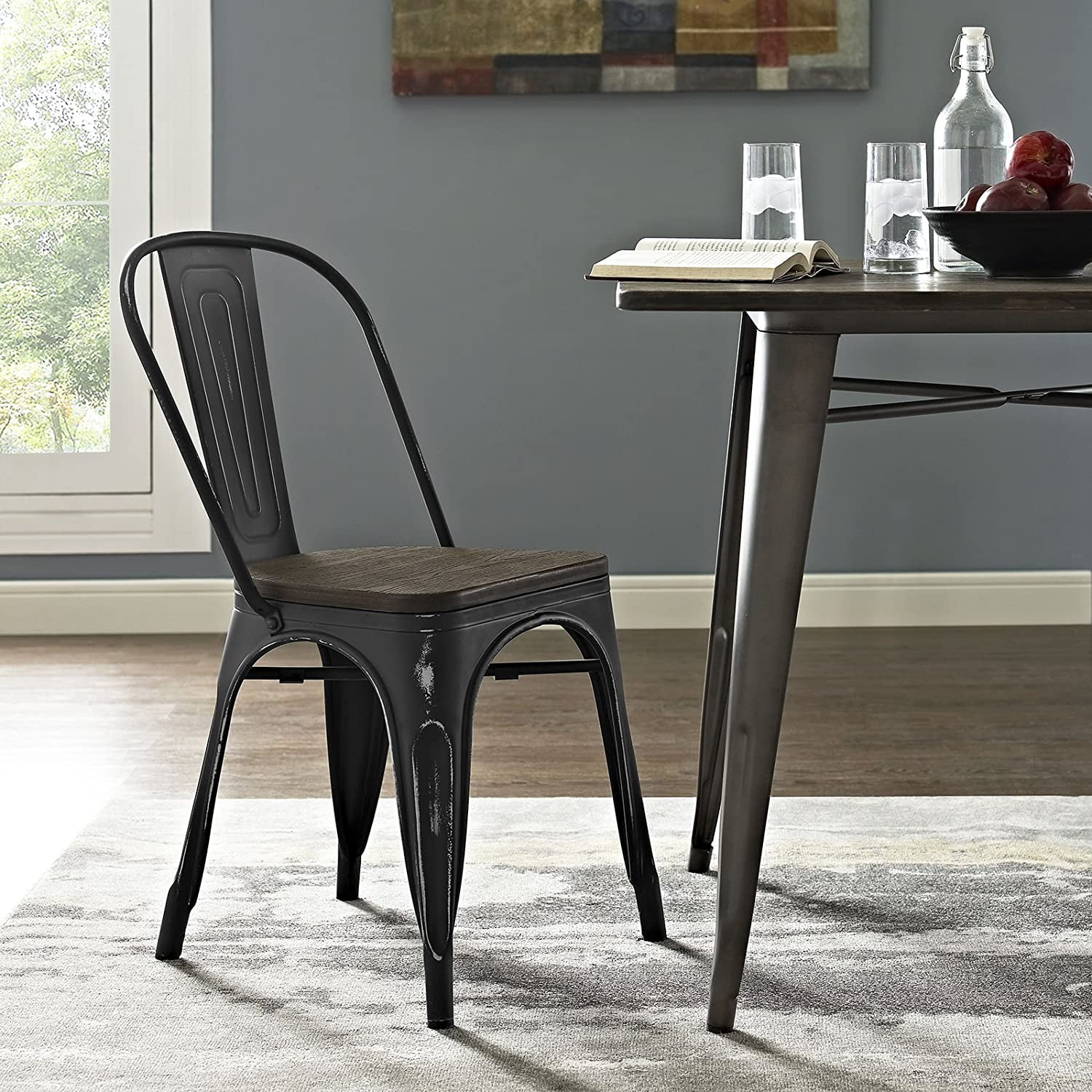 CHIOPKM Promenade Industrial Modern Steel Side  Seat in Black  One Dining Chair