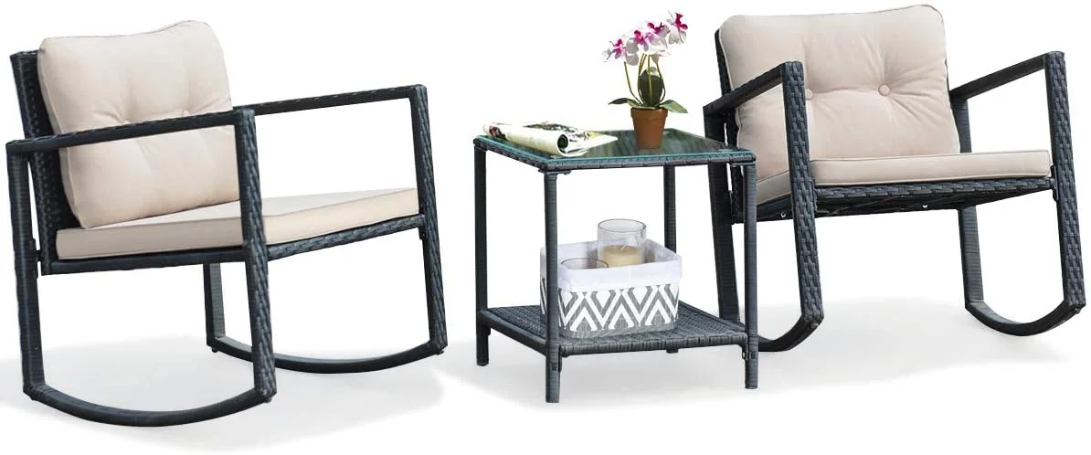 Dina 3 Pieces Patio Wicker Rocking Bistro Set  Outdoor Rocking Chair Furniture Set w/Cushioned Seat  Conversation Set w/Glass Coffee Table and Storage Shelf (Navy Blue)