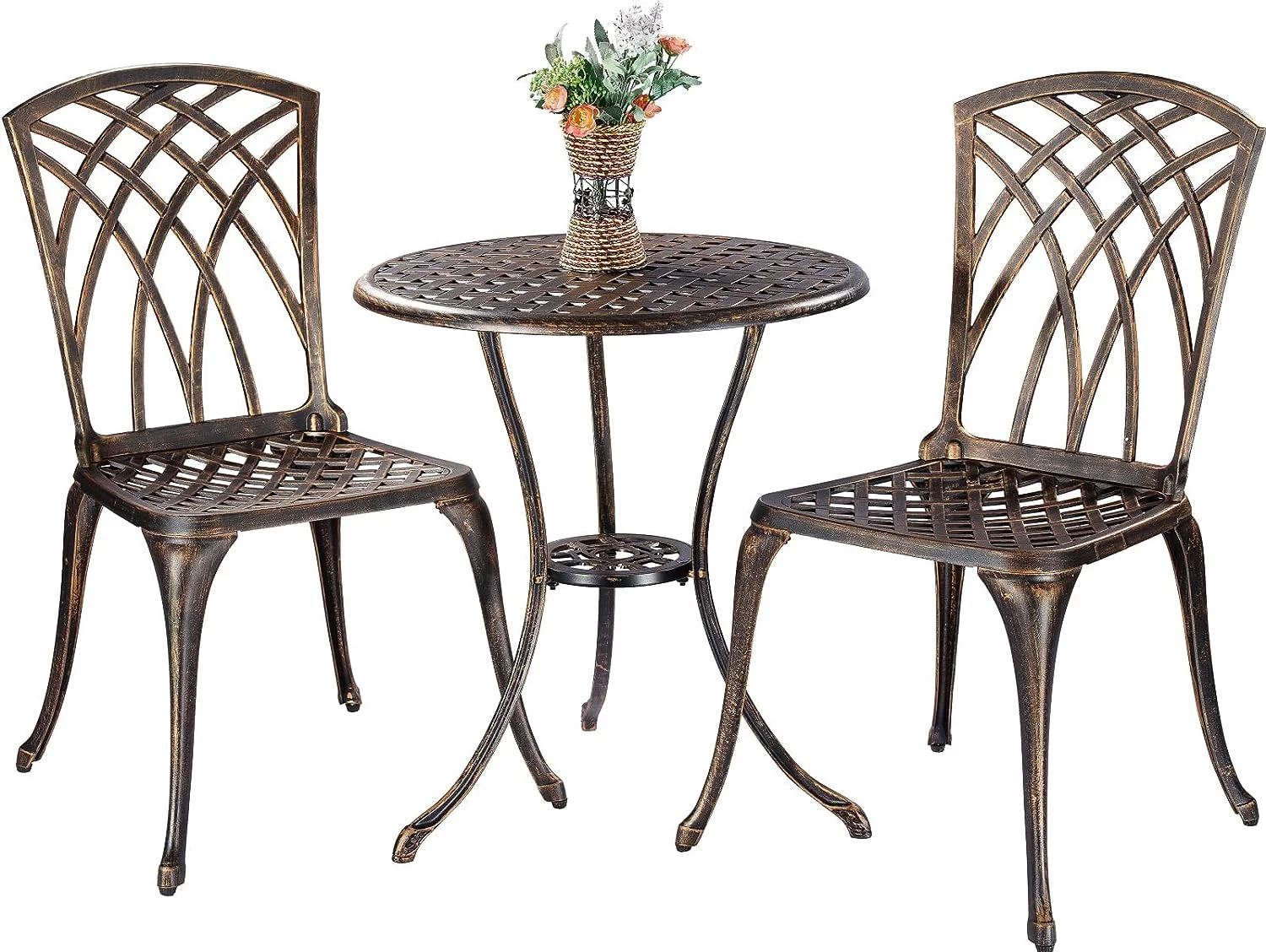 Bistro Set 3 Piece Cast Aluminum Patio Furniture Sets 2 Chairs and 1 Round Table with Umbrella Hole for Outdoor, Patio Balcony, Bronze