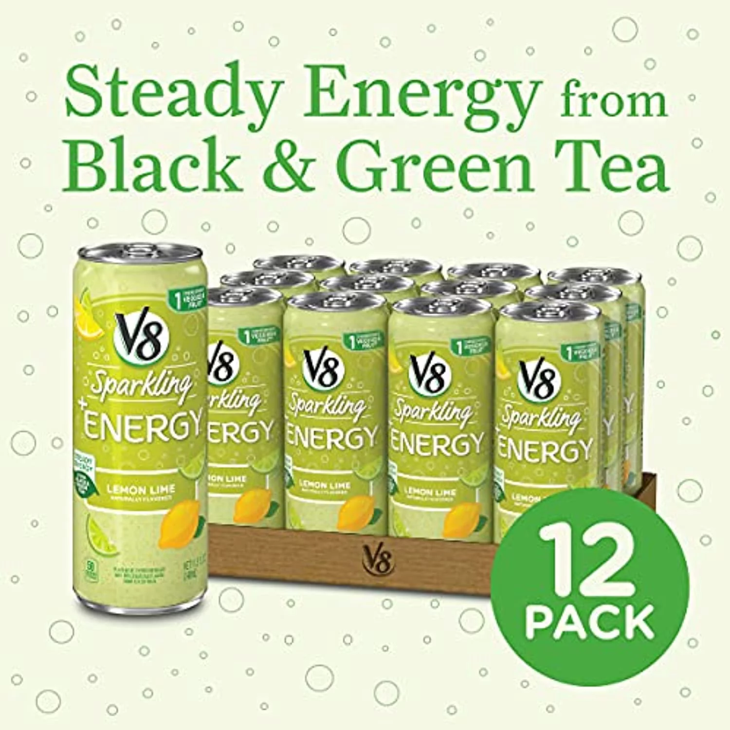 V8 Sparkling +Energy, Healthy Energy Drink, Natural Energy From Tea, Lemon Lime, 11.5 Fl Ounce Can - 12 Pack