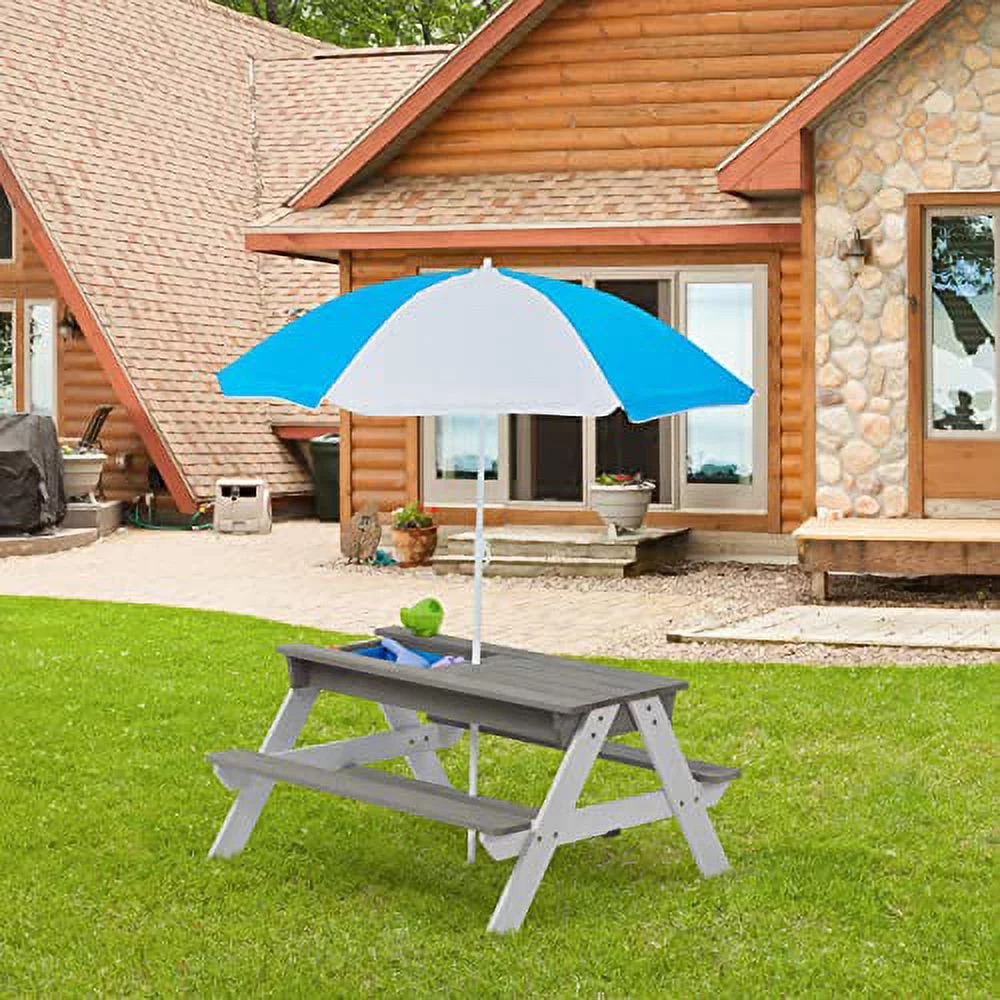 Kids Sand and Water Table, Wood Outdoor Picnic Table & Chair Set w/Umbrella for Backyard Play