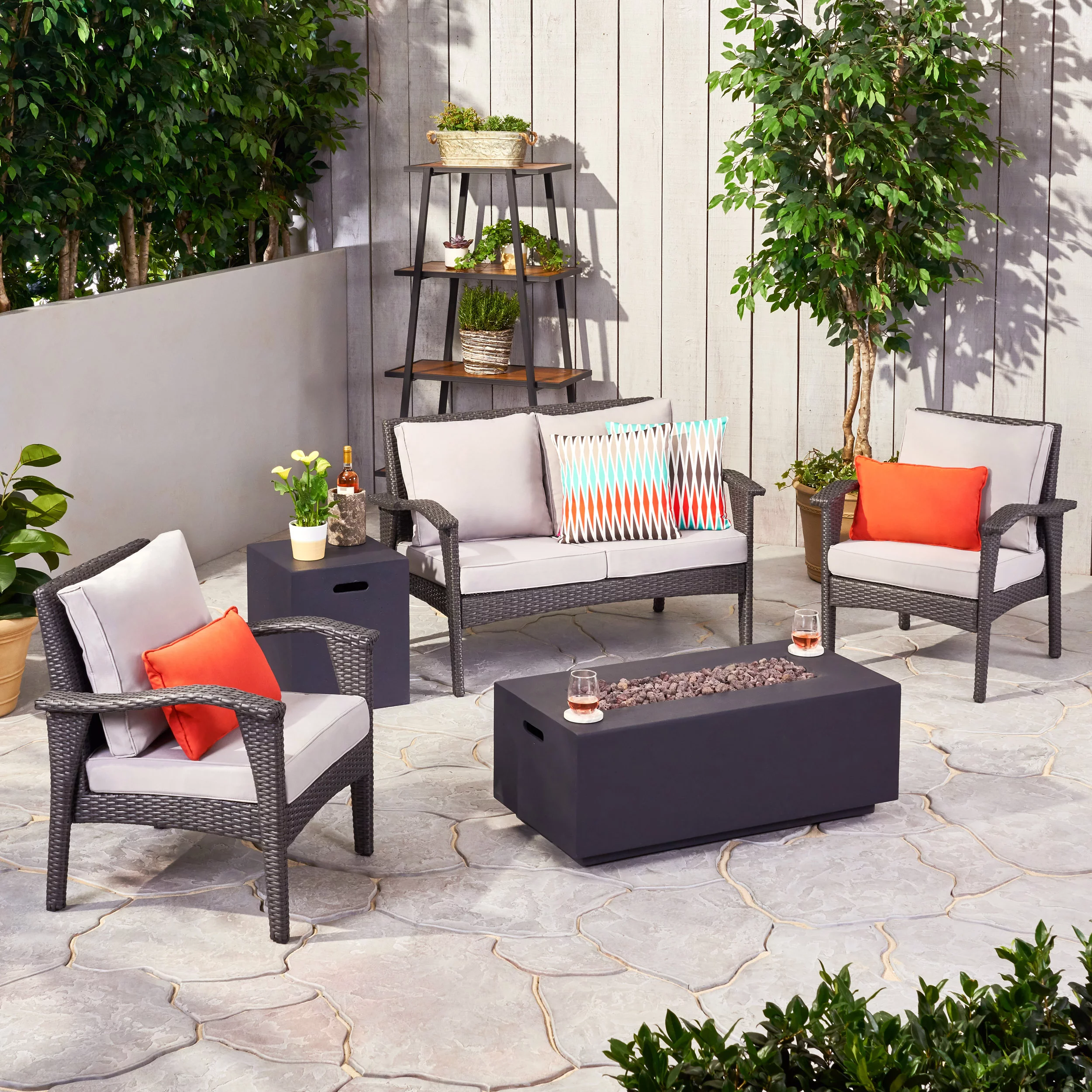 Mckynzie Outdoor 4 Seater Wicker Chat Set with Fire Pit, Gray and Light Gray