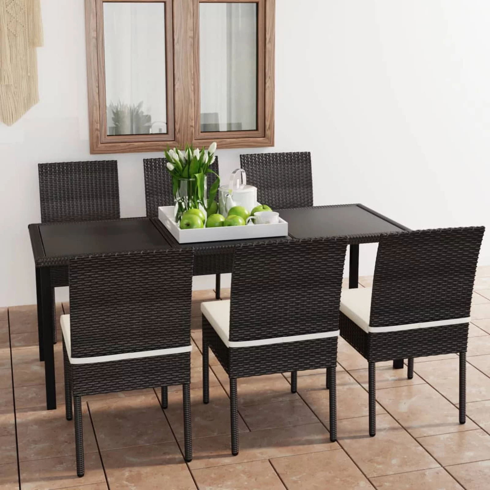 Suzicca 7 Piece Patio Dining Set Poly Rattan Black