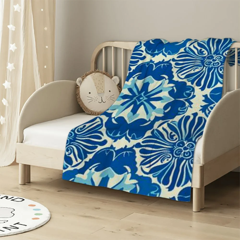 Pingxixi  Ethnic Floral Throw Blanket,Abstract Indian Style Art Bohemia Flower Blue Flannel Soft Warm Bed Blanket for Couch Sofa Bed White