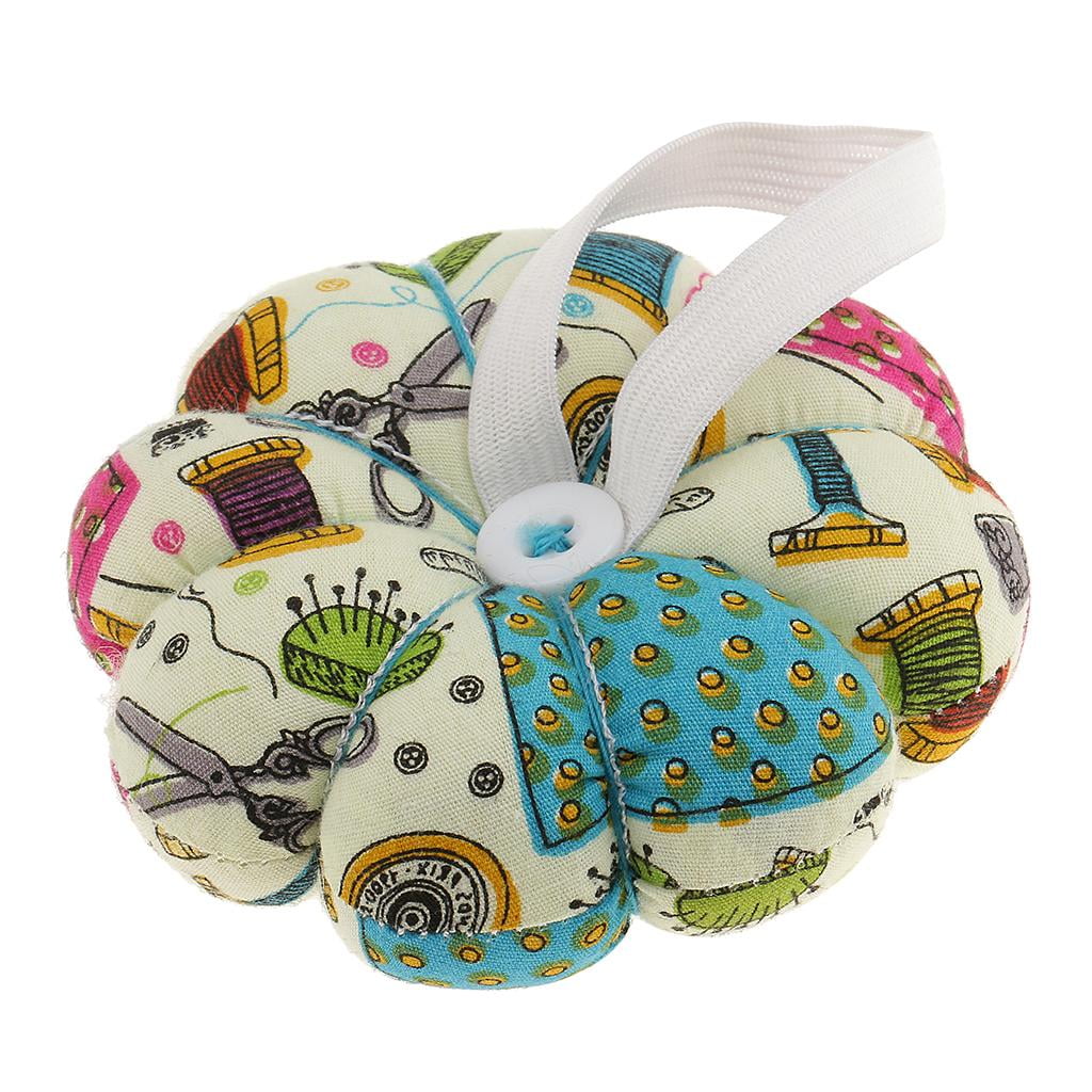 Printed Floral Pin Cushion Fabric Pumpkin Shaped Sewing Tool with Wrist Band for Pins And , 9 X 9 X 4cm