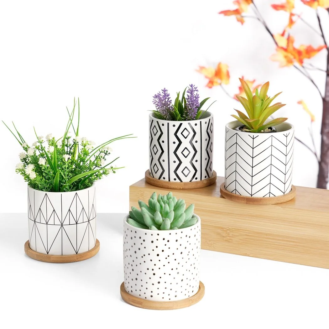 4Pcs Ceramic Succulent Pots with Separate Bamboo Saucers, 3.5inch Small Cute Geometric Patterns Plant Holders for Living Room, Bedroom, Kitchen, Office