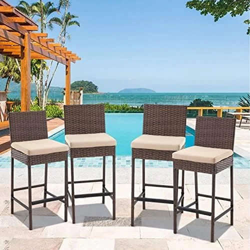 xrboomlife Height Chairs Set of 4  Outdoor Rattan  Stools Set with Cushion  Patio  Chairs Armless for Lawn  Balcony  Garden (Dark Black)