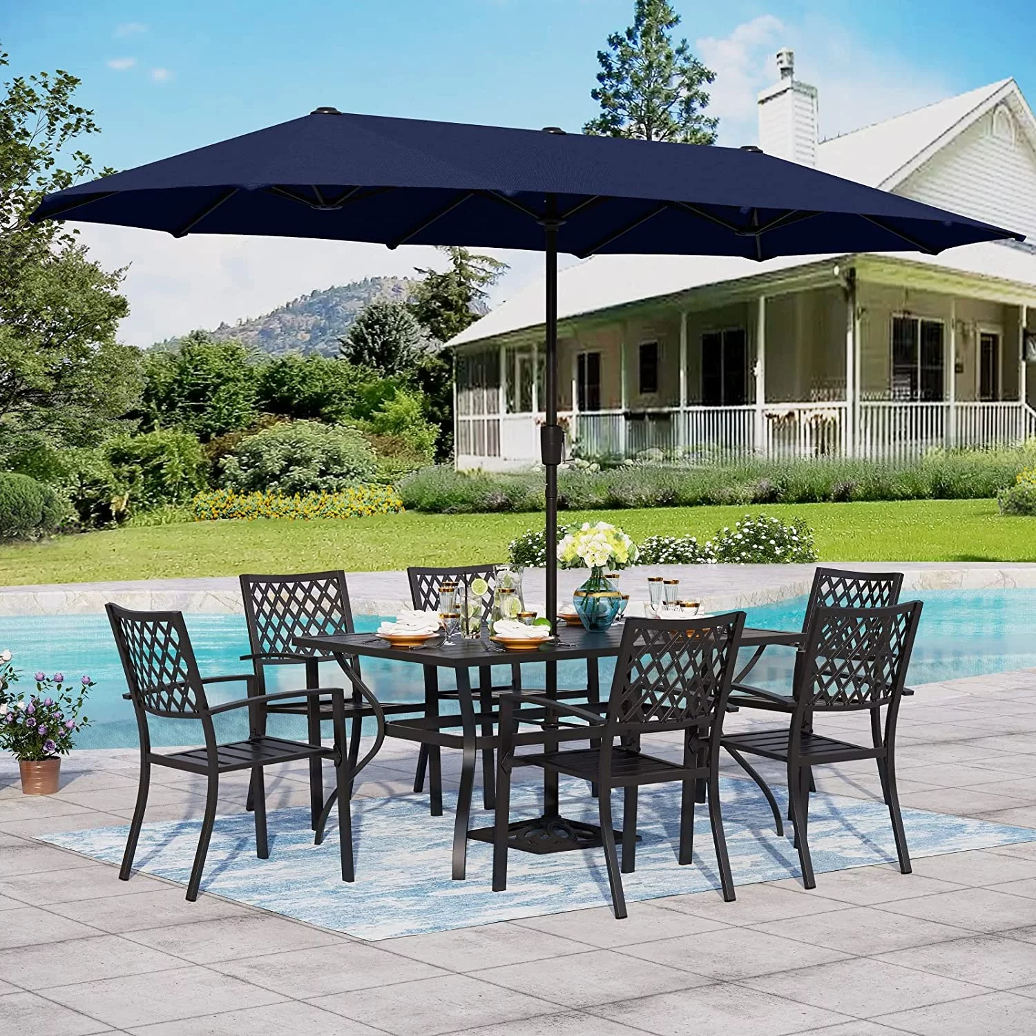 & William Patio Dining Set with 13ft Double-Sided Patio Umbrella  8 Piece Metal Outdoor Table Furniture Set with 6 Outdoor Chairs & 1 Rectangular Dining Table & 1 Large Orange