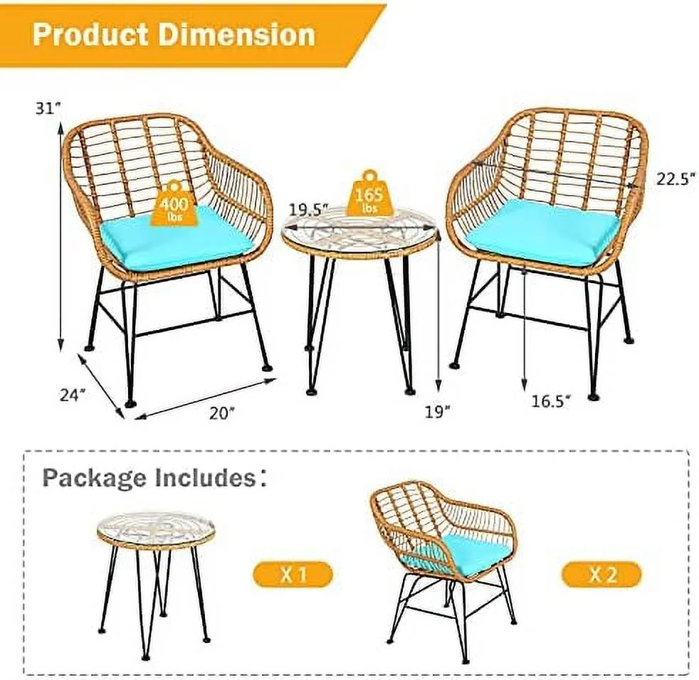TQNJYGX 3 Pieces Rattan  with Steel Frame Round Coffee Table  Soft Cushions  Rattan Bistro  Set
