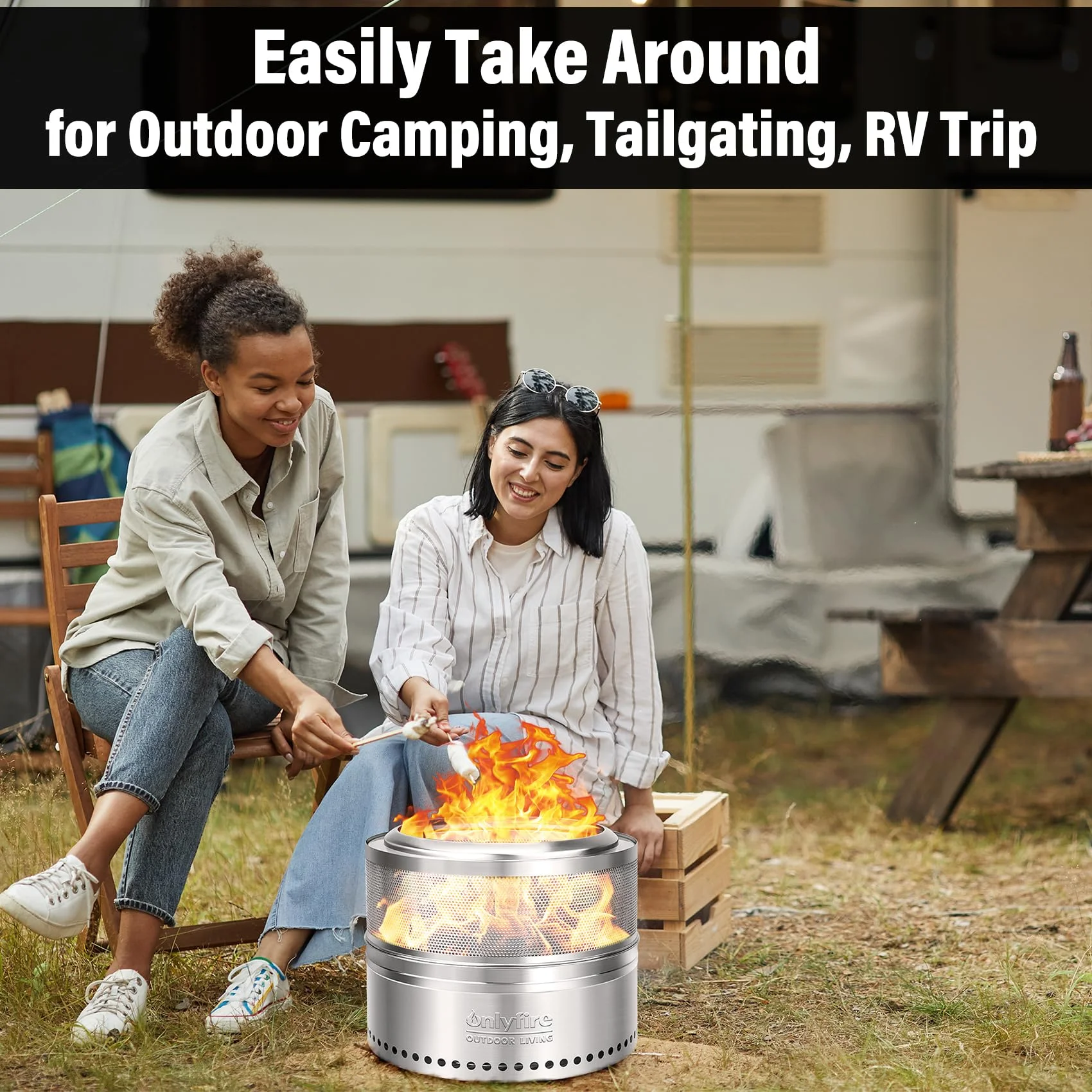 Only Fire 20in Smokeless Fire Pit with Carrying Bag Hollow Style, , 360°Air Flow Design Wood Burning Fireplace, Stainless Steel