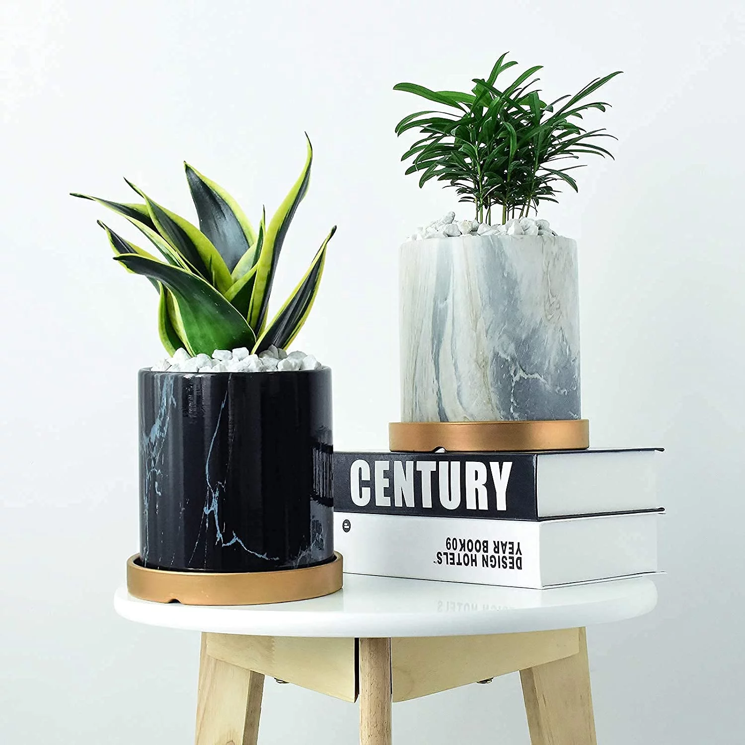 FEIAA Plant Pots Indoor Planter 6 inch Ceramic Flower Orchid Pot with Drainage Holes and Tray Modern Black for Home Decoration Outdoor