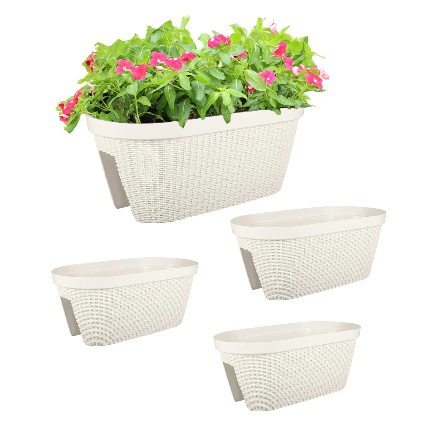 20'' Outdoor Balcony Railing PP Plastic Flower Pots - 4-Piece Set with Two Drainage Holes and Adjustable Brackets for Railings, Patios, Fences, Decks - White