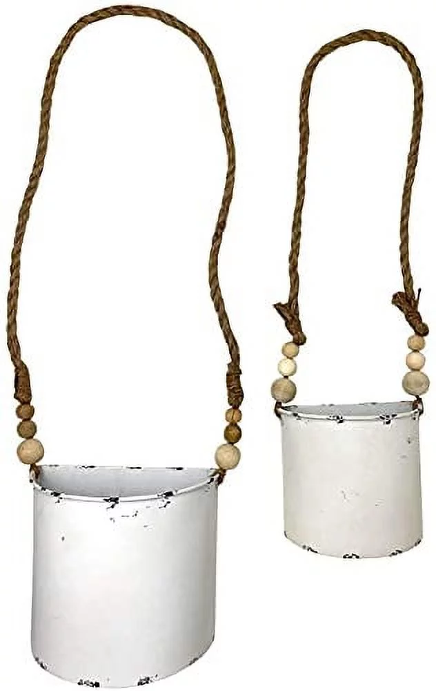 Hanging Planters Half Bucket Metal Rustic White W Wooden Beads Vertical Indoor Outdoor 29