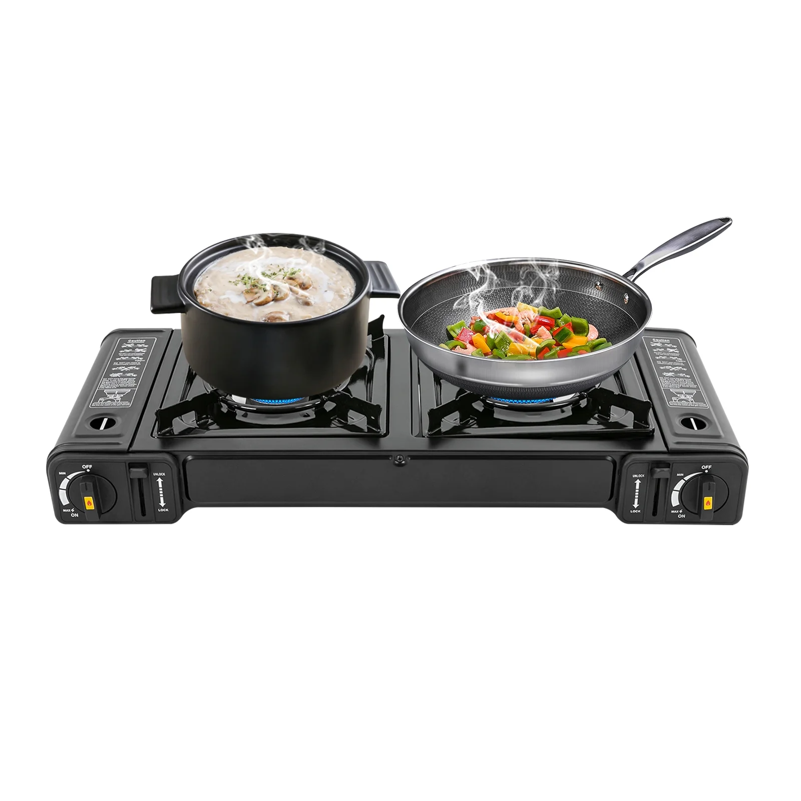 Portable Camping Stove 2-Burner Butane Camping Stove, Rectangular Camping Stove with Adjustable Burners & Carrying Case, Automatic Piezo Ignition Camping Burner for Indoor and Outdoor Use