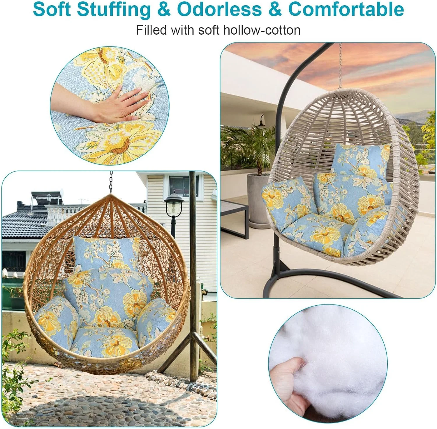Egg Chair Cushion Hanging Basket Seat Cushion 49in Thicken Soft Egg Swing Chair Pad Hanging Egg Chair Cushion with Headrest for Backyard/Garden/Outdoor(Blue_YellowLeaf)