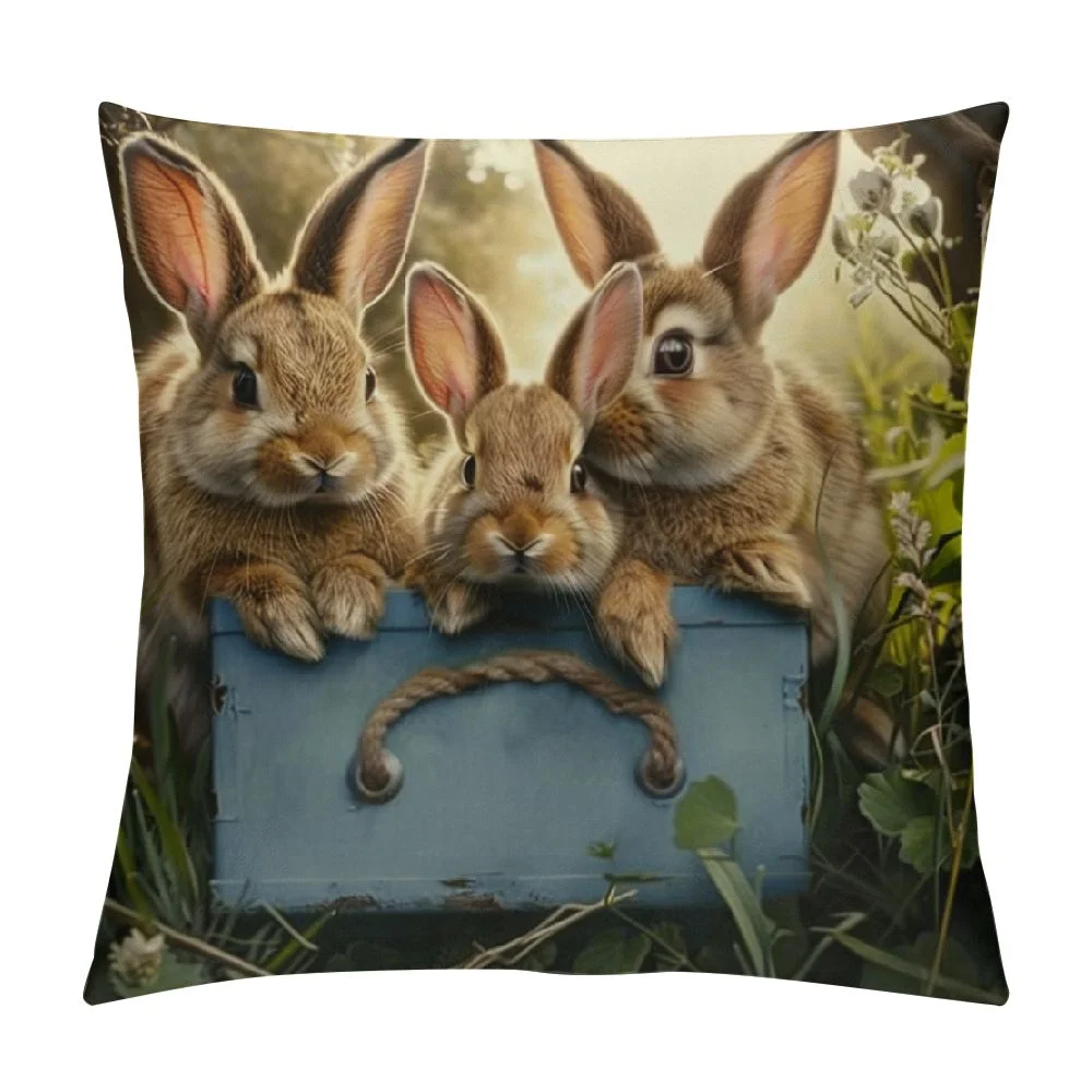 Cbxzyzzc Easter Throw Pillow Covers Rabbit Animal Floral Nature Eggs Spring Nest Brown Green Velvet Cozys Washable Soft Decor Living Room Chair Sofa Couch Square Pillow Covers