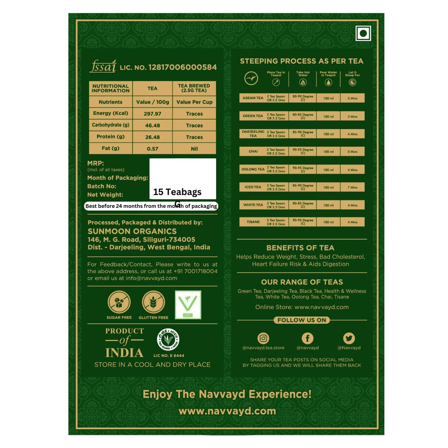 NAVVAYD Tulsi Green Tea, 15 Tea Bags