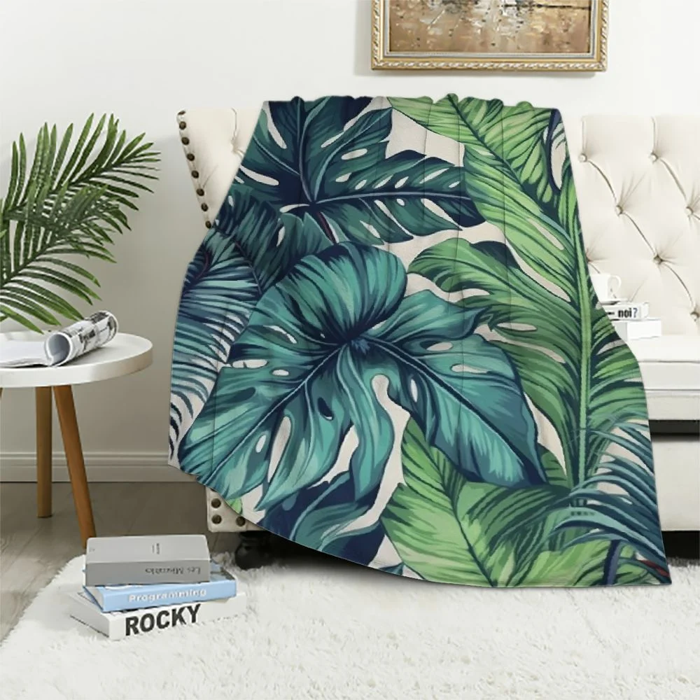 TIAOTIAOHOU  Palm Leaves Throw Blanket Blue Jungle Exotic Plant Pattern Summer Cosy Throw Blanket for Bedroom Sofa Couch Car Deck Chair Soft Flannel White