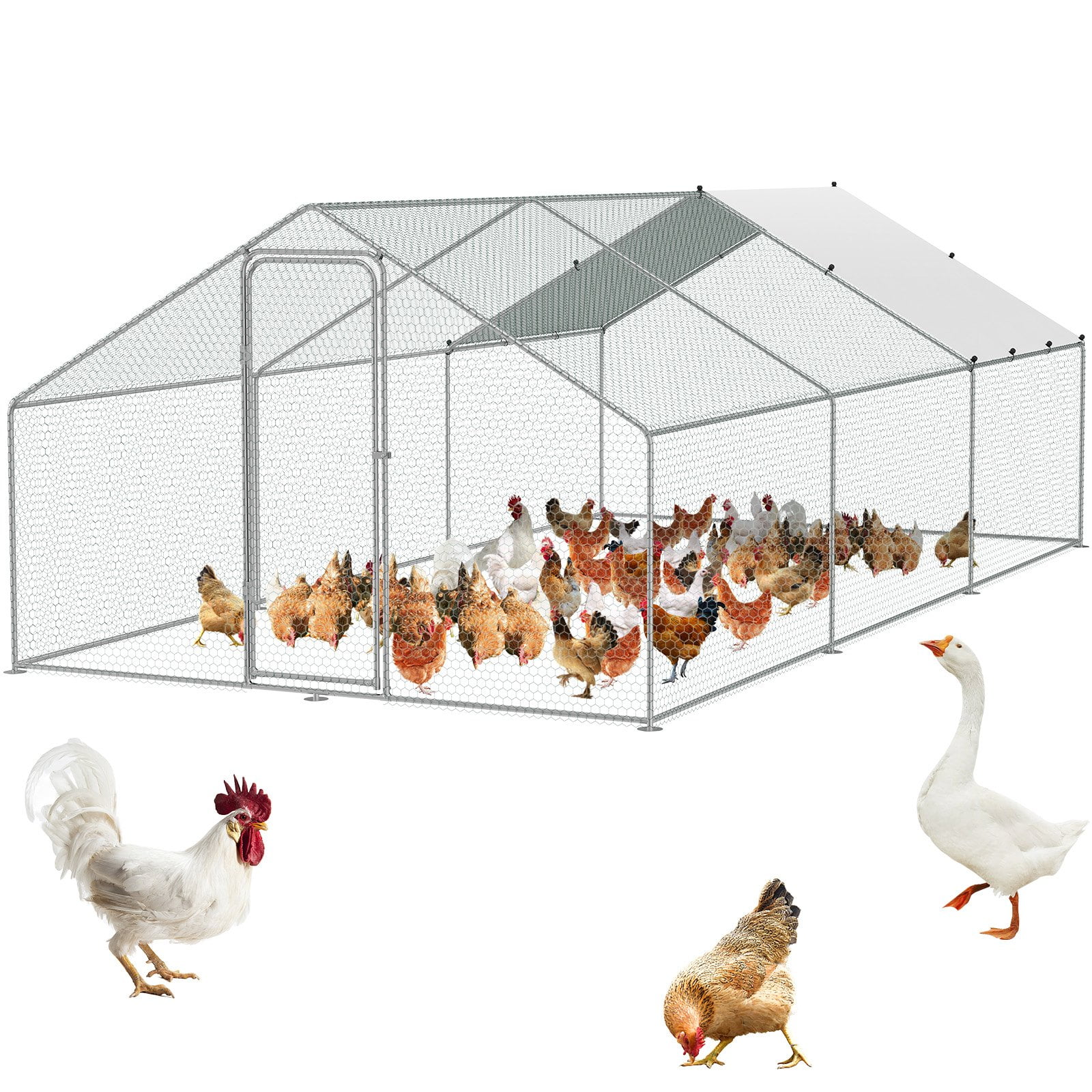 VEVOR 9.8x19.3x6.5 ft Metal Chicken Coop, Large Walk-in Poultry Pen with Cover, Spire Roof, and Security Lock for Yard, Farm, Duck, Rabbit